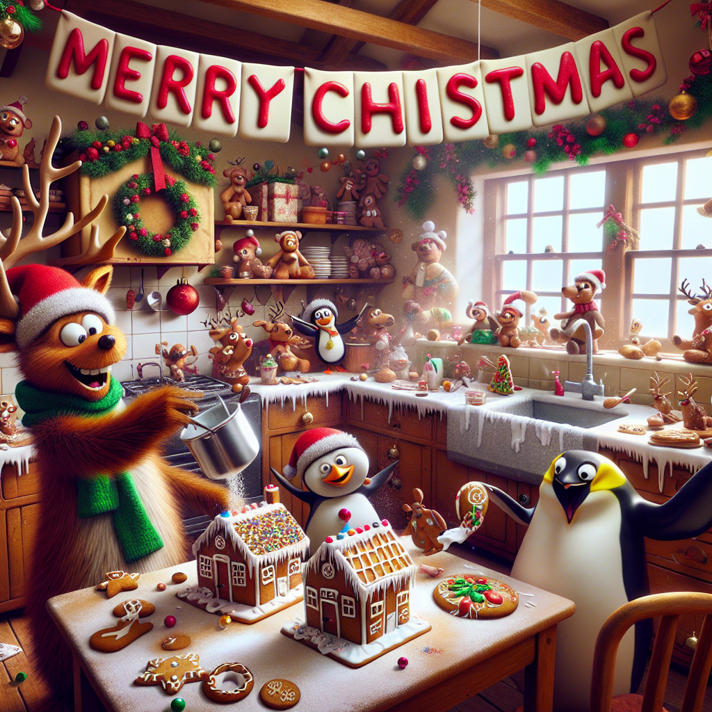A bustling holiday kitchen scene with a group of animated, comedic animals wearing festive hats. A mischievous reindeer is sneakily adding extra sugar to a gingerbread house, while a chuckling penguin clumsily decorates cookies. The warm, inviting kitchen is filled with laughter and the air with the scent of cinnamon and pine. Above the chaos, 'Merry Christmas' is humorously spelled out in icing on a banner.
Generated with these themes: People , and Cooking .
Made with ❤️ by AI.