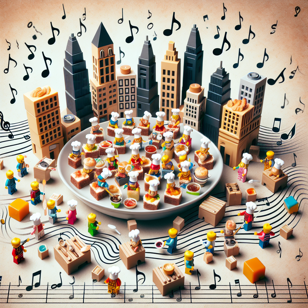 Create a whimsical image showing a birthday party of toy block figures, all heightendly engrossed in a playful cooking competition to make food versions of well-known architectural marvels. Musical notes are floating above them, representing the birthday music bouncing around the scene. Around the border of the image, blend in wavy musical symbols in a way that indicates they're harmonizing with the toy cityscape and the boisterous rhythm of the cooking contest. The entire atmosphere exudes unlike mischief of melody and gastronomy converged in an eccentric block-built metropolis.
Generated with these themes: Lego, Music, Architecture , and Baking.
Made with ❤️ by AI.