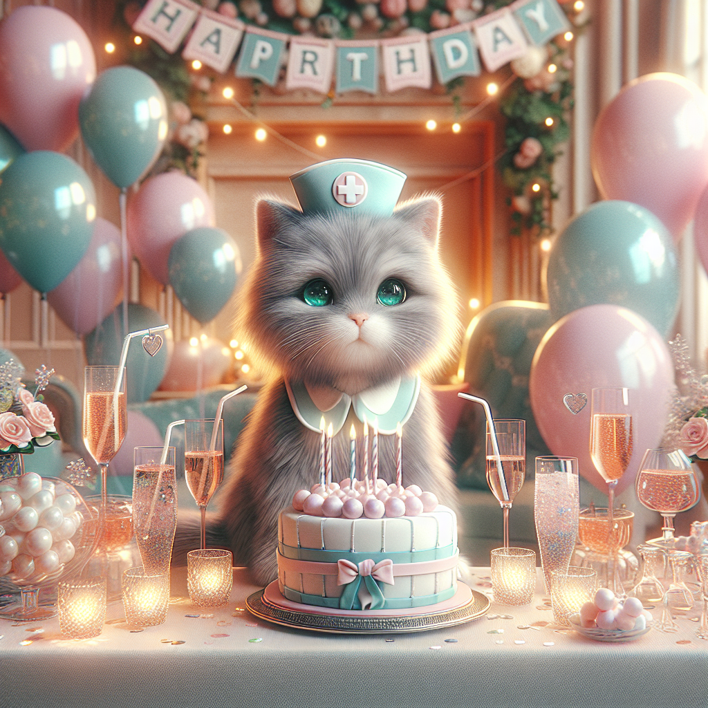Render a cozy, festive room decorated with pastel balloons and a glimmering 'Happy Birthday' banner. In the midst of this lovely and cheerful set, a gray-furred cat with captivating emerald eyes wears a petite nurse's cap, injecting an element of whimsy. A scrupulously designed cake, resembling a nurse's uniform, becomes the focal point on the table, encircled by various glasses flush with sparkling beverages. The dreamy aura is accentuated by twinkling fairy lights that bathe the room in a warm, inviting glow.
Generated with these themes: Cat, Nurse, and Alcohol .
Made with ❤️ by AI.