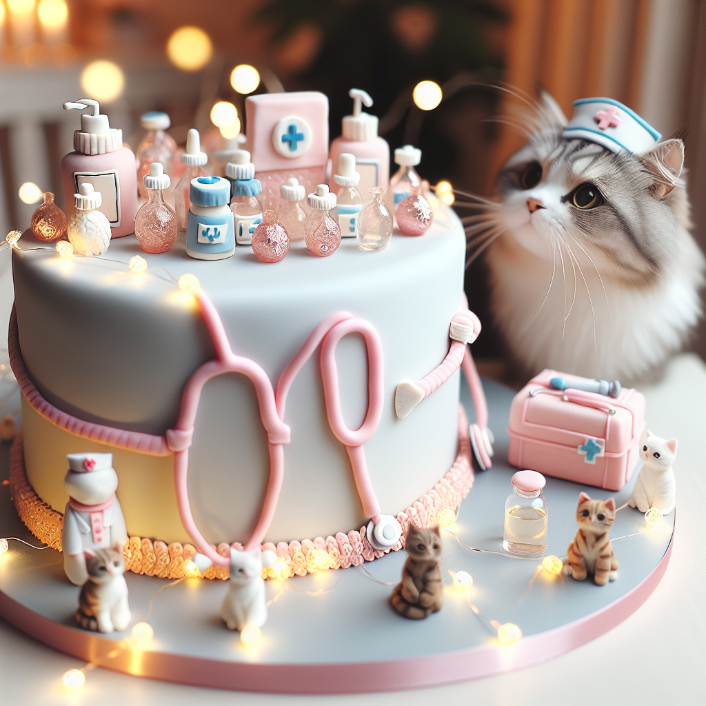 Create an image of a softly lit room, where delicate fairy lights mingle with a garland of finely crafted, petite medical tools -- an elegant tribute to the field of nursing. Dominating the table is a meticulously detailed cake, shaped to look like a nurse's uniform, and made complete with a stethoscope made from fondant. Next to this centerpiece are adorable cat figurines, each donning a mini nurse hat, clutching in their paws tiny bottles modeled to appear as alcohol, crafted from sugar. Livening up the room is a fluffy, playful cat, joyously reaching out to the nurse-themed decorations.
Generated with these themes: Cat, Nurse, and Alcohol .
Made with ❤️ by AI.