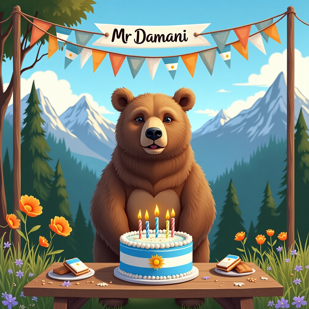 **Front Cover Design Description:**

In the center of the birthday greeting card, a majestic Grizzly bear is depicted in astonishing detail. Its fur is rendered with lifelike precision, showing various shades of brown, with highlights of golden honey and subtle undertones of deep chocolate. The bear stands proudly in front of a picturesque backdrop, a visual tribute to Argentina.

**Background Scene:**

- **Mountains:** The iconic Andes mountain range stretches across the horizon in the background, their peaks capped with snow and rendered with intricate details. The sky above them is a clear azure blue, dotted with fluffy white clouds.

- **Flora:** To the left, a cluster of native Argentine flora, such as the bright orange and yellow blooms of the ceibo flower (Argentina's national flower), adds a burst of color. A couple of splayed ombú trees provide a lush green contrast, their large canopies casting soft shadows.

- **Ground Details:** The bear stands on a patch of grassland. Tiny wildflowers in shades of purple and white dot the greenery. The foreground is detailed with realistic texturing, showing every blade of grass and scattered fallen leaves in muted earthy tones.

**Birthday Elements:**

- **Cake:** In front of the bear, a birthday cake sits proudly on a rustic wooden picnic table. The cake is beautifully frosted in sky blue, with piped decorations mimicking the Argentinian flag's sun emblem, done in bright yellow icing. Multi-colored candles flicker gently atop the cake.

- **Banner:** Above the bear and cake, a festive banner is strung between two poles. The banner is festooned with small flags, each one alternating between the blue and white stripes of the Argentine flag. In bold, elegant letters, it reads, "Mr Damani".

**Additional Elements:**

- **Alfajores:** Scattered on the picnic table are a few alfajores, traditional Argentine cookies, invitingly half-open with visible creamy dulce de leche.

- **Mate Set:** Next to the cake, a mate gourd and bombilla (straw) rest alongside a small thermos, symbolizing the warmth and hospitality of Argentine culture.

The overall composition is balanced, with every element carefully placed to create a harmonious scene. The detailed rendering provides a vivid, photographic quality that celebrates both the majesty of the Grizzly bear and the vibrant culture of Argentina.
Generated with these themes: Argentina, and Grizzly bear .
Made with ❤️ by AI.