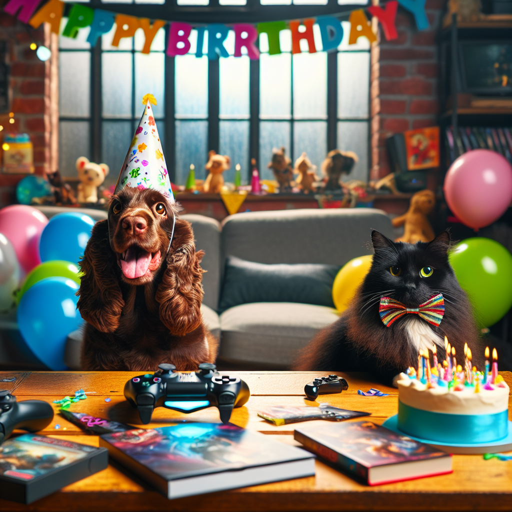 Imagine a scene filled with joy and laughter of a birthday setting. In this setting, a jubilant brown working cocker spaniel, decked in a tiny party hat is seated next to a sleek black domestic longhair cat, with a playful ribbon stylishly tied around its neck. Meanwhile, a gaming console radiates with the vibrant colors of the birthday decorations, its controllers eagerly waiting for an exciting multiplayer session. Scattered across a nearby coffee table, are an assortment of books displaying a variety of adventures for guests to delve into between games.
Generated with these themes: Brown working cocker spaniel, Black domestic longhair cat, Gaming, and Reading.
Made with ❤️ by AI.