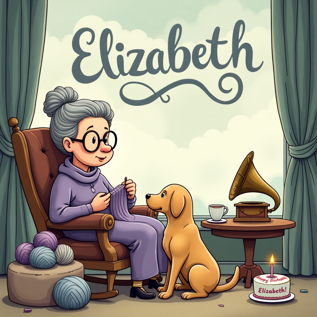 In the foreground of this whimsical, yet solemn birthday scene, an elderly lady with a grey bun, wearing large, round glasses sits comfortably in a vintage wooden rocking chair. Her glasses reflect a tiny glint of light, adding a spark of life to her gentle expression. She is clad in a cozy lavender shawl, which cascades down her shoulders and is surrounded by balls of yarn in muted colors of soft grey and pastel blue. Her knitting needles click rhythmically as she carefully crafts a new piece, possibly a scarf, that drapes over her lap. Beside her, on a worn, plush ottoman, sits a loyal Labrador with a golden, glossy coat. The dog's gentle eyes gaze upwards, while a soft paw rests on the lady's foot in a silent bond of companionship.

In the background, a large window reveals a dreamy, overcast sky. Here, formed by the drifting clouds, is the elegantly looped name "Elizabeth," as though nature itself is wishing her a happy birthday. A gentle breeze seems to be moving through the scene, slightly lifting the edge of the knitting, giving a sense of time passing gently by.

On the small round table next to the lady, a vintage gramophone with a golden horn softly plays an unheard melody, beside which sits a delicate china teacup, steaming slightly. A small birthday cake with a single candle flickers on the tabletop, adorned with the words "Happy Birthday, Elizabeth!" in flowing icing script. The scene, reminiscent of a comic strip from a bygone era, evokes an animated storybook quality inspired by the greats like Schulz and Watterson, but distinctly original, combining a heartfelt celebration of Elizabeth's birthday with a sense of timeless tranquility.
Generated with these themes: Grey lady with glasses sat knitting with her labrador dog sat next to her , , and .
Made with ❤️ by AI.