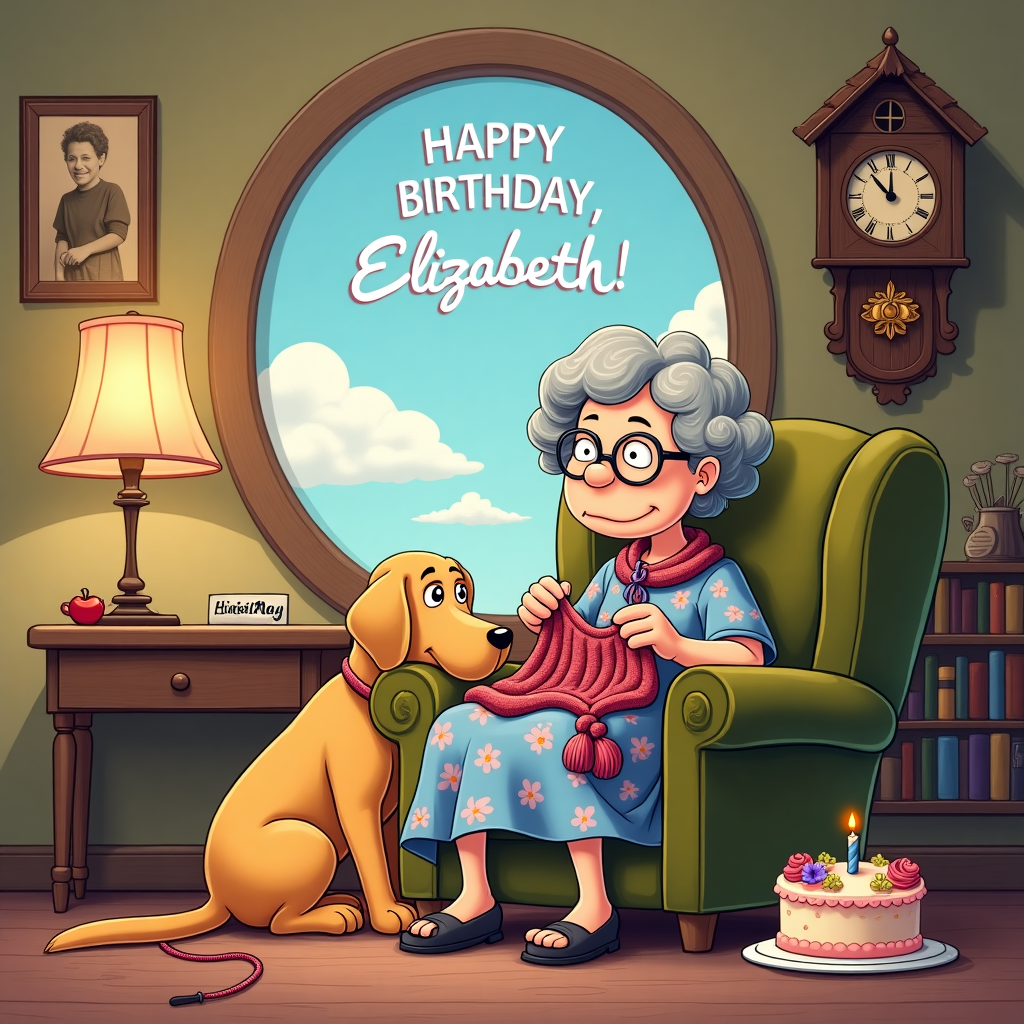 In the foreground of this solemn yet endearing cartoon birthday scene, an elderly lady with a head full of grey curls and oversized glasses sits comfortably in a vintage armchair. Her attire is simple yet charming, with a floral-patterned dress that harkens back to a nostalgic era. Beside her, her loyal labrador, a golden-hued companion, rests his head on her knee, gazing up with soulful eyes, a picture of serene companionship. The lady’s knitting needles click softly as she works on a colorful birthday scarf for Elizabeth, the yarn cascading in cheerful loops around her feet. 

Behind them, the room is warmly lit, evoking a sense of quiet celebration. A quaint, round window frames the scene, through which a sky dappled with clouds can be seen. The clouds subtly spell out "Happy Birthday, Elizabeth" as if painted by the breeze itself. On the small wooden table beside the armchair, a classic lamp casts a gentle glow on a birthday card propped open, revealing the recipient's name, "Elizabeth," in elegant calligraphy. A small, delicate cake with a single candle sits nearby, its frosting delicately piped and adorned with sugar violets.

The walls are decorated with sepia-toned photographs and a shelf lined with books, indicating a life rich with stories and experiences. On the floor, a quaint rug in earthy tones adds warmth and ties the elements of the room together. Above, a cuckoo clock in the shape of a charming cottage adds a touch of whimsy, its hands paused at an indefinite moment, signifying the timeless bond between the lady and her furry friend. The entire scene is captured with a touch of Charles Schulz’s gentle humor, Gary Larson's subtle eccentricity, and a sprinkle of Walt Disney's heartwarming detail, making it a perfect birthday tribute to Elizabeth.
Generated with these themes: Grey lady with glasses sat knitting with her labrador dog sat next to her , , and .
Made with ❤️ by AI.
