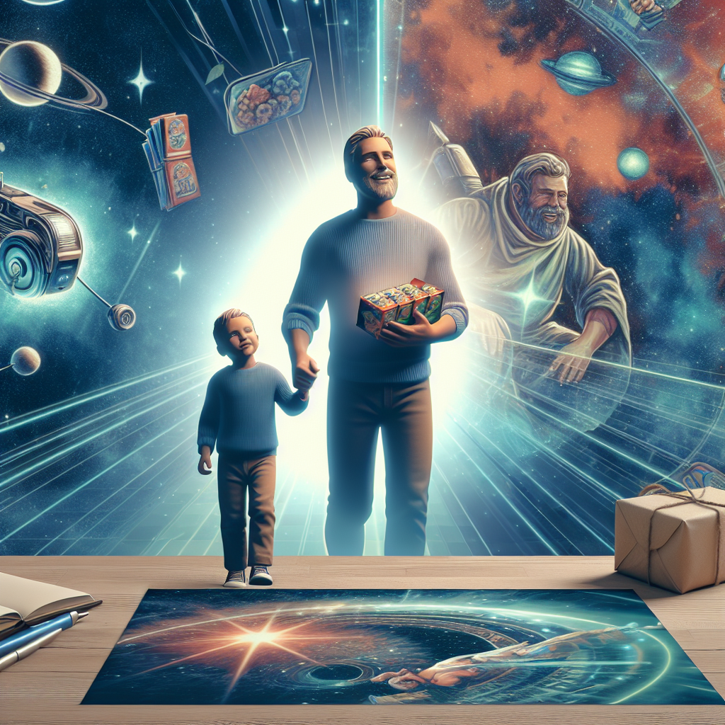 Conceptualize an illustration to celebrate a new father. Like a guide in a realm of light, he represents wisdom and guidance for his young child. In the background, envision the momentous thrill of discovering an unopened pack of ancient snacks in a shop filled with sci-fi antiquities. Set this scene within an ambiance reflective of a fantastical outer space universe, resonating with intense happiness and realism.
Generated with these themes: Being a father, Star wars, and Crisps .
Made with ❤️ by AI.