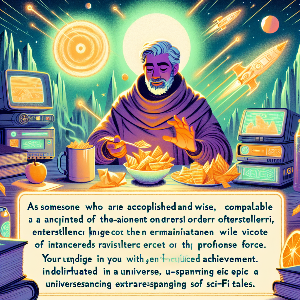 As someone who is accomplished and wise, comparable to a seasoned mentor in an ancient order of interstellar knights, you emanate warmth and profound knowledge. Celebrate each achievement with the vibrancy and spirited celebration of a victorious extraterrestrial resistance force. Indulge in your favored thin, crisp snack while delighting in a universe-spanning epic of sci-fi tales. Congratulations on your success!
Generated with these themes: Being a father, Star wars, and Crisps .
Made with ❤️ by AI.