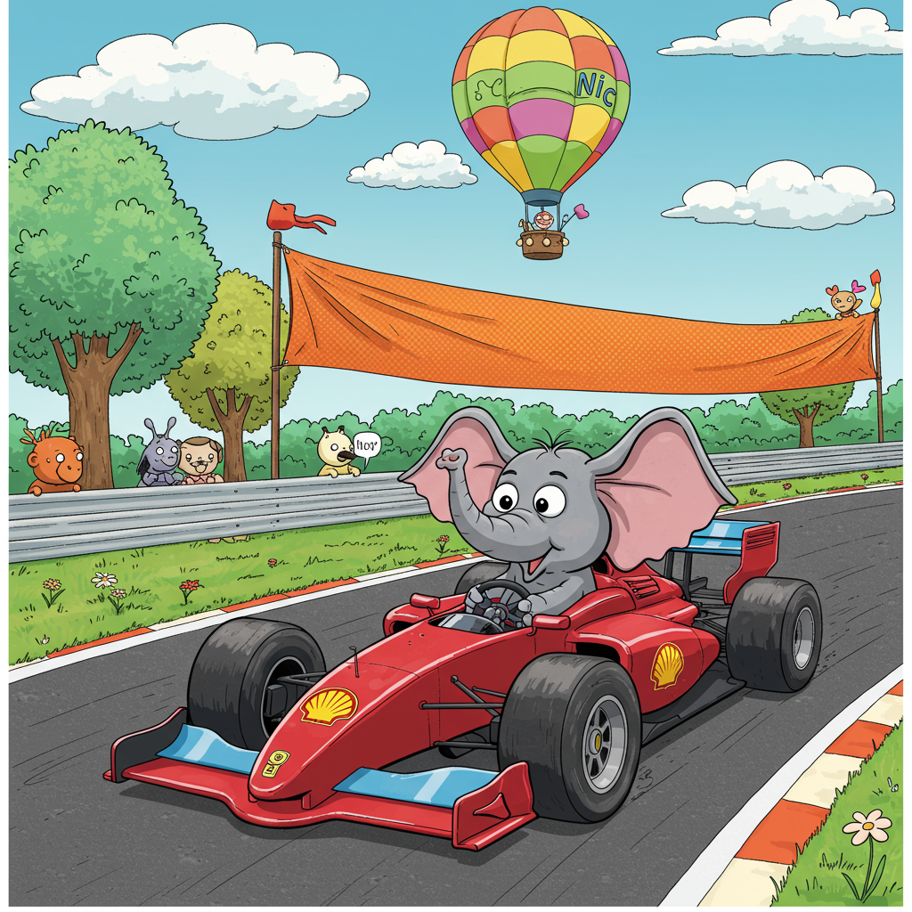 In the foreground, imagine a cartoon elephant with exaggerated features—big, round eyes and oversized floppy ears—squeezed comically into an F1 racing car. The elephant’s trunk is playfully wrapped around the steering wheel, adding an unexpected twist to the racing scene. The racing car itself is a vibrant cherry red, with glossy highlights that catch the light, and it features oversized, cartoonishly round tires. The car is adorned with bold racing stripes in electric blue and bright yellow, adding a dynamic feel to the scene.

In the background, set against a clear sky dotted with fluffy, cotton-candy clouds, there’s a whimsical hot air balloon gently drifting upwards. The balloon is patterned with a patchwork of colors, featuring lime green, sunny yellow, and raspberry pink, with the text "Nic" cleverly integrated into its fabric in bold white letters.

Alongside the track, a row of quirky cartoon trees, reminiscent of something from the mind of Winsor McCay, stand tall. Their trunks are a deep, warm brown, and their leaves are a swirl of mint green and sky blue, giving them a dreamlike quality. Behind them, a comic-style banner stretches across the scene, held up by two cheerful cartoon birds. The banner is bright orange with polka dots in varying sizes, adding a sense of motion to the image.

The race track, a serpentine ribbon of deep asphalt gray, is lined with checkered flags, their black and white squares flapping in an imagined breeze. The scene is bustling with colorful details—a scattering of vivid wildflowers along the track and small spectators, animals with oversized heads and tiny bodies, peering over the barrier, adding a touch of the unexpected and playful.

This farewell scene, filled with rich colors and exaggerated features, offers a lively, cartoonish spectacle perfect for a humorous farewell greeting card.
Generated with these themes: Cartoon elephant driving an F1 racing car.
Made with ❤️ by AI.