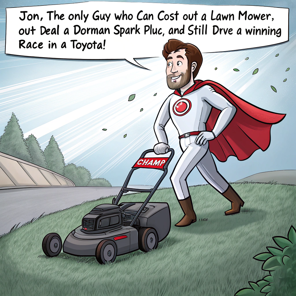 At the top of the image, "Jon, the only guy who can cost out a lawn mower, out-deal a Dorman spark plug, and still drive a winning birthday in a Toyota!"

– In the center of the image, depict a cartoon Jon in a superhero cape, standing proudly on a freshly mowed lawn that spells out “CHAMP,” one foot resting triumphantly on a Dorman auto part box like he’s just conquered a mountain.  
– He’s shaking hands with a grinning lawn mower dressed in a business suit, while a shiny Toyota waits in the background with balloons tied to its mirrors.  
– Nearby, confetti rains down as tiny cartoon dollar bills float around labeled "SAVINGS!"  
– One speech bubble from Jon says, “Another deal mowed down!”  
– Another character, clearly his admiring co-worker, whispers, “That’s why he’s the Boss!”  
– At the bottom of the image, add the caption: “Wishing you a high-performance birthday full of laughs, lawn domination, and unbeatable deals!”
Generated with these themes: Toyota, Boss, Leader, Cost out, Deal maker, Dorman Auto parts, Lawn mower, Keep it PG (image and text), Winning performance, Cost savings, and Champion.
Made with ❤️ by AI.