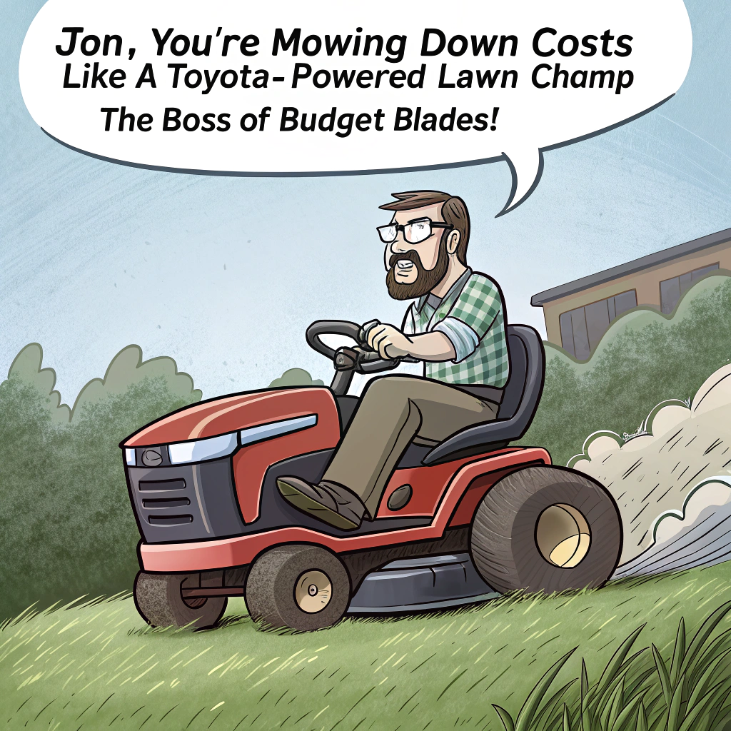 At the top of the image, "Jon, you're mowing down costs like a Toyota-powered lawn champ – the Boss of Budget Blades!"

- The cartoon shows Jon, drawn with exaggerated "big boss energy," riding a high-performance lawn mower that looks suspiciously like a tricked-out Toyota hybrid. He’s zipping across a giant field labeled "Annual Spend," carving neat paths of "Cost Savings" behind him like a pro landscaper-slash-financial wizard.

- Behind Jon, there’s a finish line banner that reads “Winning Performance!” with cheering cartoon characters labeled "Dorman Auto Parts," "Supply Chain," and "Procurement Team" holding foam fingers and pom-poms.

- Scattered along the lawn are silly discarded signs saying things like “Overpriced Bolts,” “Supplier Drama,” and “Wasted Budget,” which Jon’s just steamrolled with a wink.

- On the front of the lawn mower, there's a sticker that says “Deal Maker Mode: Activated.”

- Jon’s wearing shades, a cape that says “Champion of Cost Out,” and is tossing birthday cupcakes into the air while smirking heroically.

- Bright, fun color palette with confetti flying and birds circling holding signs that read “Happy Birthday, Jon!” in speech bubbles.
Generated with these themes: Toyota, Boss, Leader, Cost out, Deal maker, Dorman Auto parts, Lawn mower, Keep it PG (image and text), Winning performance, Cost savings, and Champion.
Made with ❤️ by AI.