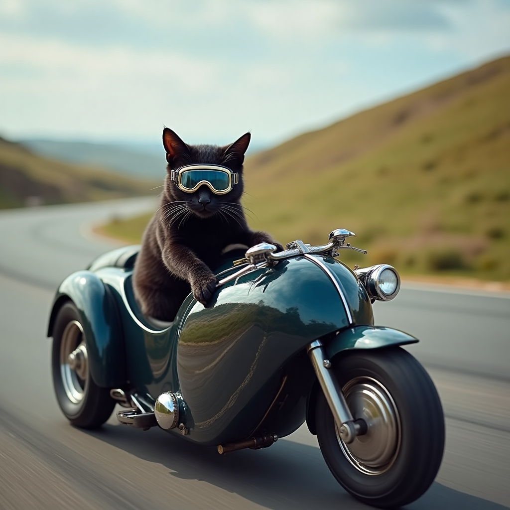 At the top of the Photorealistic picture taken from a camera image, the text reads: **Happy Anniversary to my hubby Gary**

---

### Image Description:

In this ultra-high-definition 4K UHD photograph, we have a humorous scene perfect for an anniversary card. The image captures a black cat, wearing tiny motorbike goggles, confidently sitting in the sidecar of a classic, gleaming motorbike. The motorbike is revving up on the iconic Isle of Man TT racecourse. The backdrop features the picturesque scenery of rolling hills and the winding road, giving an authentic TT racing vibe.

The cat, with a mischievous expression, seems to be playfully in charge of this thrilling adventure, while the motorbike, in perfect detail, shines under the daylight, showcasing its chrome accents and the reflections of the road and nature around it. This amusing contrast between the serious setting of a motorbike race and the cheeky, cool cat sidekick adds a delightful charm.

In the bottom right corner of the image, there’s a cheeky caption: "Purr-fectly in sync since our first ride!"
Generated with these themes: Motorbikes, Black Cat, Isle of Man TT , and .
Made with ❤️ by AI.