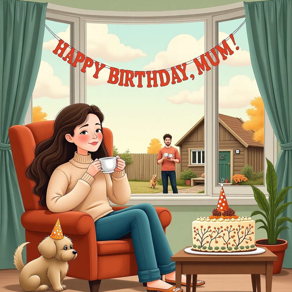 In the center of this whimsical birthday card illustration, a charming living room scene unfolds. Seated comfortably in an overstuffed armchair, a white woman with flowing brown hair sips a steaming cup of tea, the delicate tendrils of steam curling into fanciful shapes above her. Her cozy sweater has a fun, intricate pattern reminiscent of Beatrix Potter's attention to detail. At her feet, a fluffy brown cockapoo dog gazes adoringly upward, its tail a blur of excitement, bringing to mind the playful sketches of Quentin Blake. The cockapoo is wearing a tiny, colorful party hat, which adds a humorous touch to the scene.

Behind her, a large bay window allows a view into the backyard, where her husband, in a scene echoing the work of Norman Rockwell, busily tinkers away in his shed. The shed is a delightful mishmash of tools and curiosities, bathed in warm, golden light as if painted by Maxfield Parrish. Above the shed, the sky is painted in a wash of gentle blues and pinks, the clouds whimsically forming the word "Mum" in playful, curly letters, as if drawn by the hand of Edward Gorey, gently reminding the viewer of the occasion being celebrated.

A small table beside her chair holds a teapot, patterned with intricate vines that could have been drawn by Aubrey Beardsley. A birthday cake sits proudly on the table, its layers of frosting decorated with an elaborate depiction of the family's backyard, complete with miniature trees and a tiny shed. A cheerful "Happy Birthday, Mum!" banner hangs above, strung between two artfully placed houseplants that recall Arthur Rackham’s detailed foliage.

This scene captures a moment of everyday magic, combining elements of whimsy and warmth in a detailed and story-rich tableau that invites the viewer to linger and explore every delightful detail.
Generated with these themes: White woman with brown hair sitting drinking tea with a brown cockapoo dog sitting by her feet. In the background, out of a window is her husband working in his shed.
Made with ❤️ by AI.