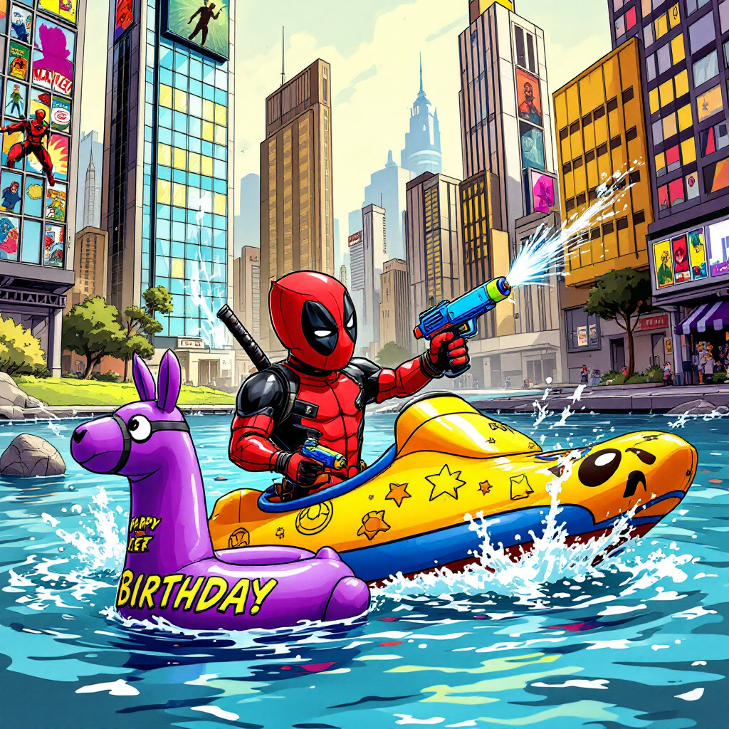 In this vibrant and humor-packed birthday scene, imagine Deadpool, our favorite merc with a mouth, commandeering a small, brightly colored paddleboat shaped like a superhero mask. He’s dressed in his iconic red and black suit, accessorized with oversized water wings covered in tiny Marvel comic book covers, each depicting famous battles from the universe. Deadpool is striking a heroic yet utterly goofy pose, holding a toy water gun in each hand, spraying playful jets of water at a nearby inflatable Fortnite llama. The llama, vividly hued in purple and blue, floats serenely on the water, seemingly unbothered by the water assault.

In the background, a whimsical, cartoon-style comic book cityscape rises, mimicking the dynamic and energetic lines reminiscent of Gary Larson's style, with exaggerated angles and a playful perspective. The cityscape features towering skyscrapers with windows styled to resemble comic panels, as if snippets of stories are unfolding within. One window prominently displays the silhouette of a superhero in flight, a nod to the broader Marvel universe.

In the sky above, fluffy clouds are whimsically shaped into the words "Happy Birthday, Charlie!" with a little cherubic cartoon Deadpool popping out of the letter 'C', giving a cheeky salute to the birthday honoree. The sea is peppered with oversized comic speech bubbles bobbing along the surface, each containing classic Deadpool quips, adding a playful, fourth-wall-breaking element to the scene.

In the foreground, a sandy shore beckons, dotted with beach umbrellas printed with vintage comic strip panels inspired by Charles Schulz’s Peanuts, their gentle colors creating a nostalgic vibe. Strewn around the beach are comic books lying open, their pages fluttering as if a gentle breeze turns them. One of these books features a cartoonish depiction of Charlie, complete with a superhero cape and mask, diving into the ocean with a splash, fully embracing the marvel of their birthday adventure.

This dynamic, layered scene, with its playful nods to iconic artists and beloved themes, creates an exciting tableau that celebrates both the art of comics and the joy of a fantastical birthday.
Generated with these themes: Deadpool, Boating, Swiming, Marvel, Comic books, and Fortnite.
Made with ❤️ by AI.