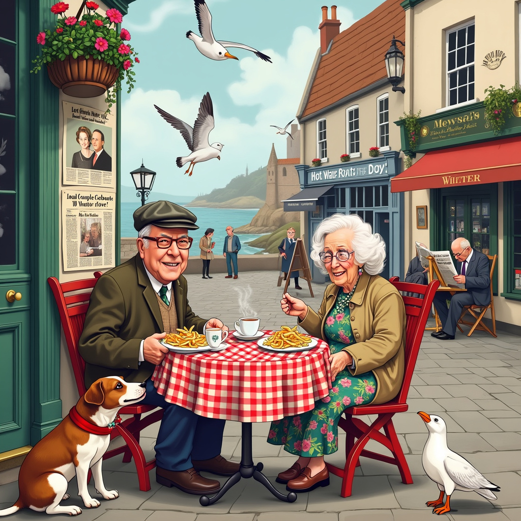 The scene is set on a quaint cobblestone street in Whitby, with its charming, historic buildings and the iconic Whitby Abbey visible in the background. The main focus is a cozy outdoor table at a seaside café, adorned with a checkered red and white tablecloth. Sitting at the table are an elderly couple, both with big smiles and glasses perched on their noses. The gentleman wears a flat cap and a tweed jacket, while the lady sports a colorful, floral dress and a string of pearls. 

On the table, there are two large servings of fish and chips, wrapped in old-style newspaper with humorous headlines like "Jack Russell Saves the Day!" and "Hot Water Bottle Theft Solved!". Next to their plates, two cups of steaming tea sit ready to be enjoyed.

Under the table, a cheeky Jack Russell Terrier with a wagging tail eagerly eyes a piece of fish that has fallen on the ground. The dog is wearing a small red scarf, adding a touch of cuteness to the scene. 

Behind the couple, a couple of curious seagulls hover in the air, clearly interested in the fish and chips. One of the seagulls holds a hot water bottle in its beak, as if it’s just stolen it from someone!

In the background, we see a newsstand with an old man reading a newspaper. The newspaper has the headline "Local Couple Celebrates 50 Years of Love!" with a photo of the couple from years ago. The old man reading the newspaper has a small smile on his face, clearly enjoying the wholesome story.

Further back, there's a streetlamp adorned with hanging flower baskets, and an artist painting the beautiful Whitby seascape on an easel. To the side, a comic strip artist sits with a sketchbook, clearly inspired by the lively scene around him.

All these elements come together to tell a charming, funny, and heartfelt story perfect for an anniversary card, filled with delightful details that draw the viewer in and make them smile.
Generated with these themes: Jack russell, Whitby, Hot water bottle, Old people, Fish and chips, and Newspaper.
Made with ❤️ by AI.