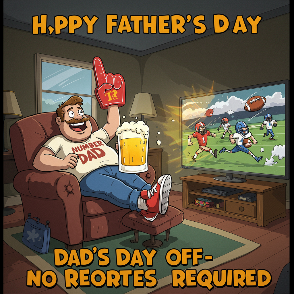 At the top of the Cartoon Style image, "Happy Father's Day"

**Image Description:**

Picture a vibrant cartoon living room scene. In the center, an overstuffed recliner with exaggerated armrests holds a comically rotund dad figure, sporting a wide grin and a foam finger pointing to the sky. He’s wearing a "Number 1 Dad" T-shirt, and his legs are propped up on a footstool that looks like a mini ottoman with sneakers. In one hand, he holds a giant, frothy mug of beer, bubbles popping with animated enthusiasm.

Next to him, a wide-screen TV is aglow with a chaotic cartoon sports match, the players running off-screen, leaving comic book-style action lines. The TV is so animated that a football and a player’s helmet look like they’re about to burst through the screen into the room!

At the bottom of the image, in bold, playful letters: “Dad’s Day Off – No Remotes Required!” 

The scene is full of bright, saturated colors, with thick, exaggerated outlines, and a sense of energetic motion that captures the humor and fun of a well-deserved dad's day relaxation.
Generated with these themes: Beer , TV, and .
Made with ❤️ by AI.