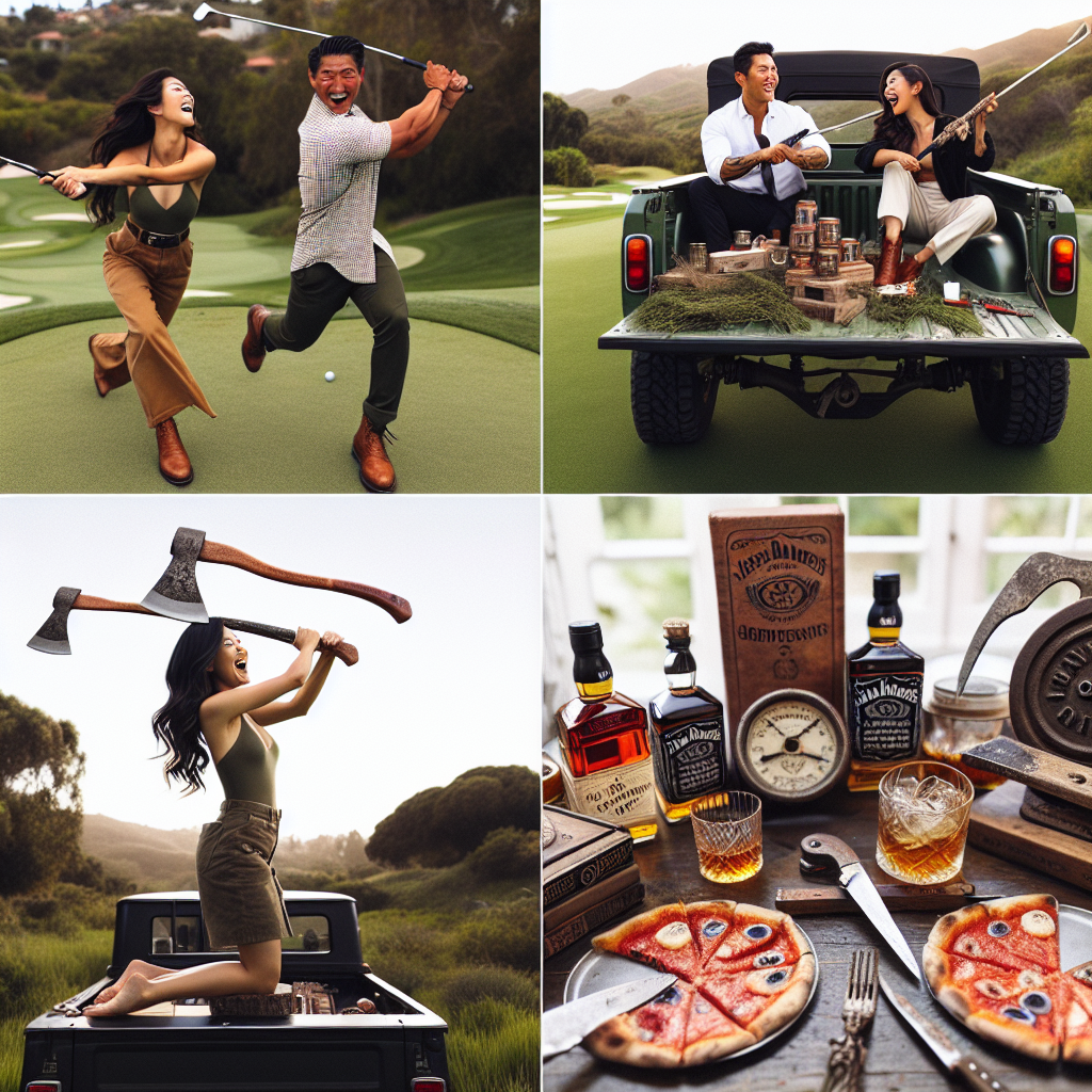 An image encapsulating a unique bond shows an Asian woman and a Hispanic man celebrating their anniversary with a rustic twist. Situated on a verdant golf course is a rugged pick-up truck, with the couple taking turns playfully swinging an ornamental axe as a makeshift golf club. Laughter fills the air as they engage in their unique game. Later, on the jeep's tailgate, they savor slices of gourmet pizza and savor sips of aged whiskey forming a rustic picnic scene. Amidst their feast, quirky gifts such as artisanal knives and vintage weights lay scattered around, serving as tokens of their shared interests.
Generated with these themes: Axe, Knives, Whiskey, Pizza, Weights, Golf, and Pick up jeep.
Made with ❤️ by AI.