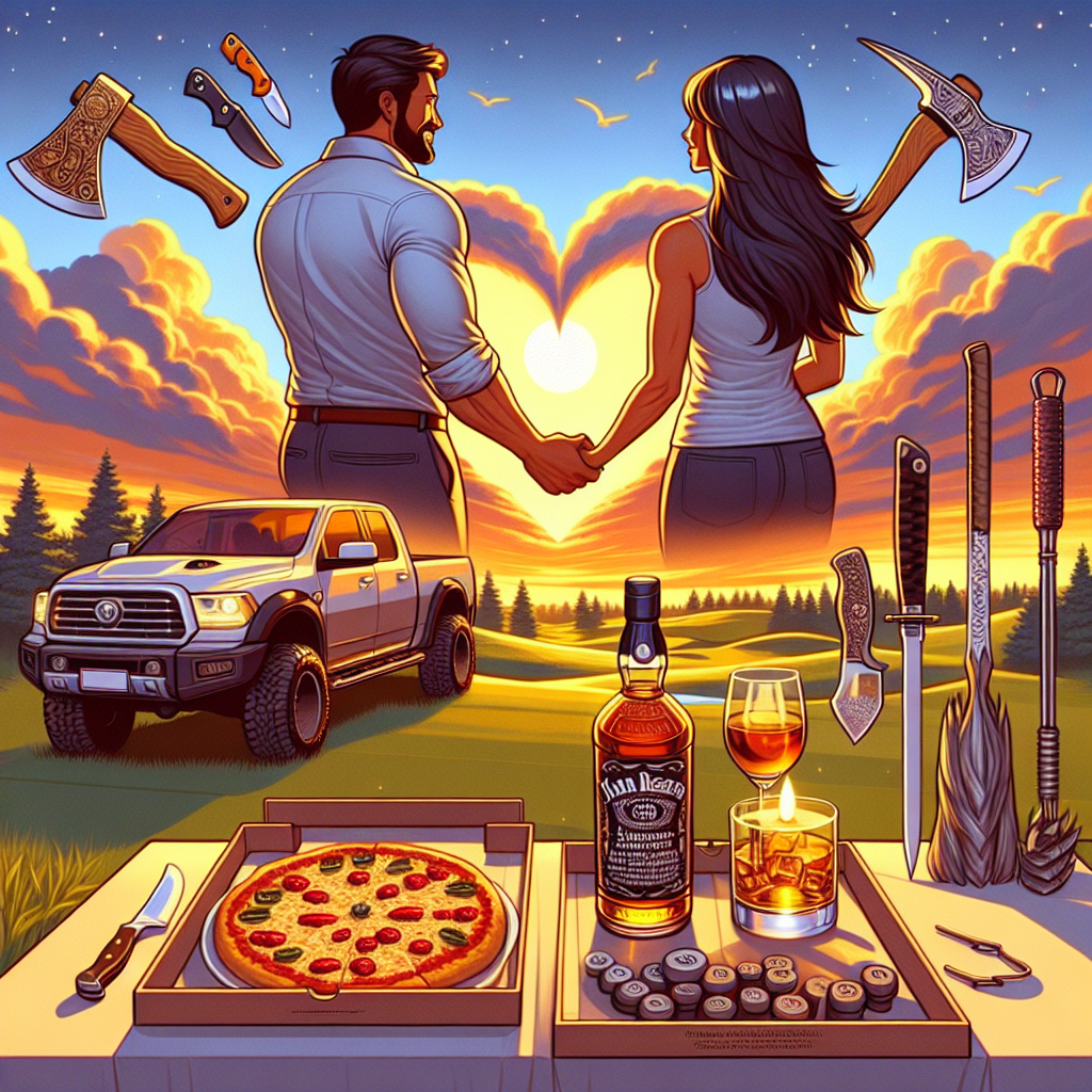 Depict a romantic scene with an adventurous couple marking their anniversary. A sleek pickup truck is parked nearby with its bed filled with symbols of their shared experiences: a display of fine knives, a uniquely-engraved axe, and an exquisite bottle of whiskey. As the sun dramatically sets over the local golf course, the Middle-Eastern man and his South Asian female partner raise a toast to their love. They enjoy a heart-shaped pizza and share stories of shared gym triumphs, reminded by a set of used and beloved weights. This day impeccably encapsulates their love for adventure, strength, and life's simple pleasures.
Generated with these themes: Axe, Knives, Whiskey, Pizza, Weights, Golf, and Pick up jeep.
Made with ❤️ by AI.