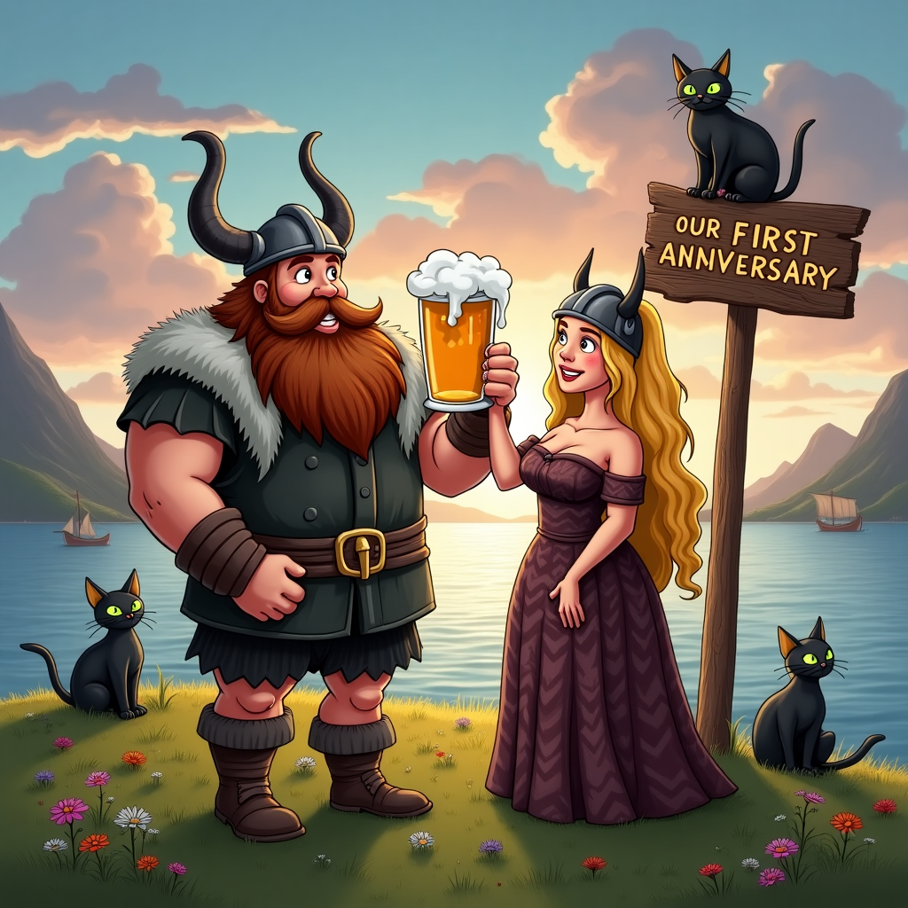In the foreground of this cartoon-style anniversary scene, a robust Viking man with a flowing brown beard stands shoulder to shoulder with his equally imposing partner, a voluptuous Viking woman with radiant blonde hair cascading down her back. They are clad in traditional Viking garb; the man wears a fur-lined tunic and a horned helmet slightly askew, while the woman is draped in a long, intricately patterned gown, her own helmet resting comfortably on her head. Both are raising a large, ornate horn cup filled to the brim with frothy beer, the liquid almost appearing to splash out with their jubilant toast. 

Behind them, a small hill rises, crowned by a weathered wooden sign that boldly reads "Our First Anniversary" in whimsical, carved letters resembling ancient runes. Nestled against the sign, a sleek black cat with glowing green eyes sits perched like a guardian of secrets, its tail curled around its paws. The cat's gaze seems almost knowing, adding a touch of mystery to the scene. 

The background is a sweeping vista of the fjords under a twilight sky, where soft, colorful clouds gently swirl around the horizon, echoing hues of pink and purple. The sea is dotted with Viking longships, their dragon-head prows barely visible amidst the waves. Scattered across the grassy hill are wildflowers, their vibrant colors adding bursts of life and joy to the landscape. 

The overall scene captures a moment of celebration, with nods to both tradition and whimsy, as the couple's jubilant toast and the watchful cat create a tapestry of tales waiting to be told.
Generated with these themes: Viking man with brown beard with voluptuous viking woman blonde hair both holding a horn cup with beer in with a black cat in the background.
Made with ❤️ by AI.