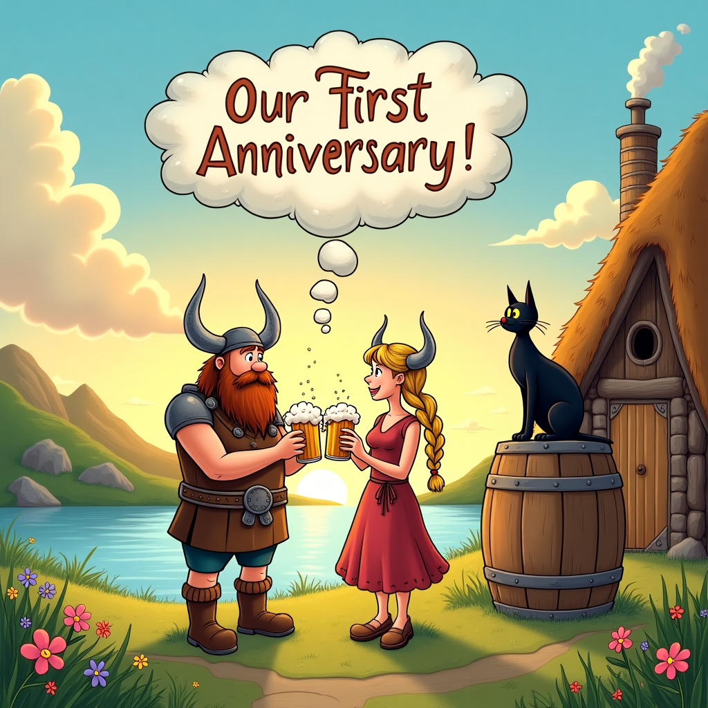 The front cover of this anniversary greeting card presents a whimsical and heartwarming scene inspired by the eclectic styles of Charles Schulz, Walt Disney, and Bill Watterson. The setting is a picturesque Viking village at sunset, with a serene fjord and lush green hills in the background, reflecting hues of orange and pink from the evening sky. At the center of the scene, a burly Viking man with a full brown beard, dressed in a traditional tunic and leather boots, stands next to his equally majestic companion—a voluptuous Viking woman with long, braided blonde hair adorned with delicate flowers. They are joyfully clinking their ornately carved horn cups filled with frothy golden beer, with droplets artistically splashing into the air.

To the right of this jovial pair, perched playfully atop a sturdy wooden barrel, is a sleek black cat, its eyes gleaming with curiosity and mischief, adding a touch of feline grace to the scene. The background features a cozy Viking longhouse with a thatched roof, from which smoke gently billows, suggesting a warm hearth inside.

Above this delightful tableau, the sky bears a message written in fluffy clouds: "Our First Anniversary." The words are artistically woven into the shapes of the clouds, capturing the sense of celebration and marking the special occasion. In the foreground, colorful wildflowers and grass surround the couple, their soft tones harmonizing with the natural setting. The composition invites viewers to feel part of this tender and spirited celebration, a tribute to a year of shared adventure and companionship.
Generated with these themes: Viking man with brown beard with voluptuous viking woman blonde hair both holding a horn cup with beer in with a black cat in the background.
Made with ❤️ by AI.