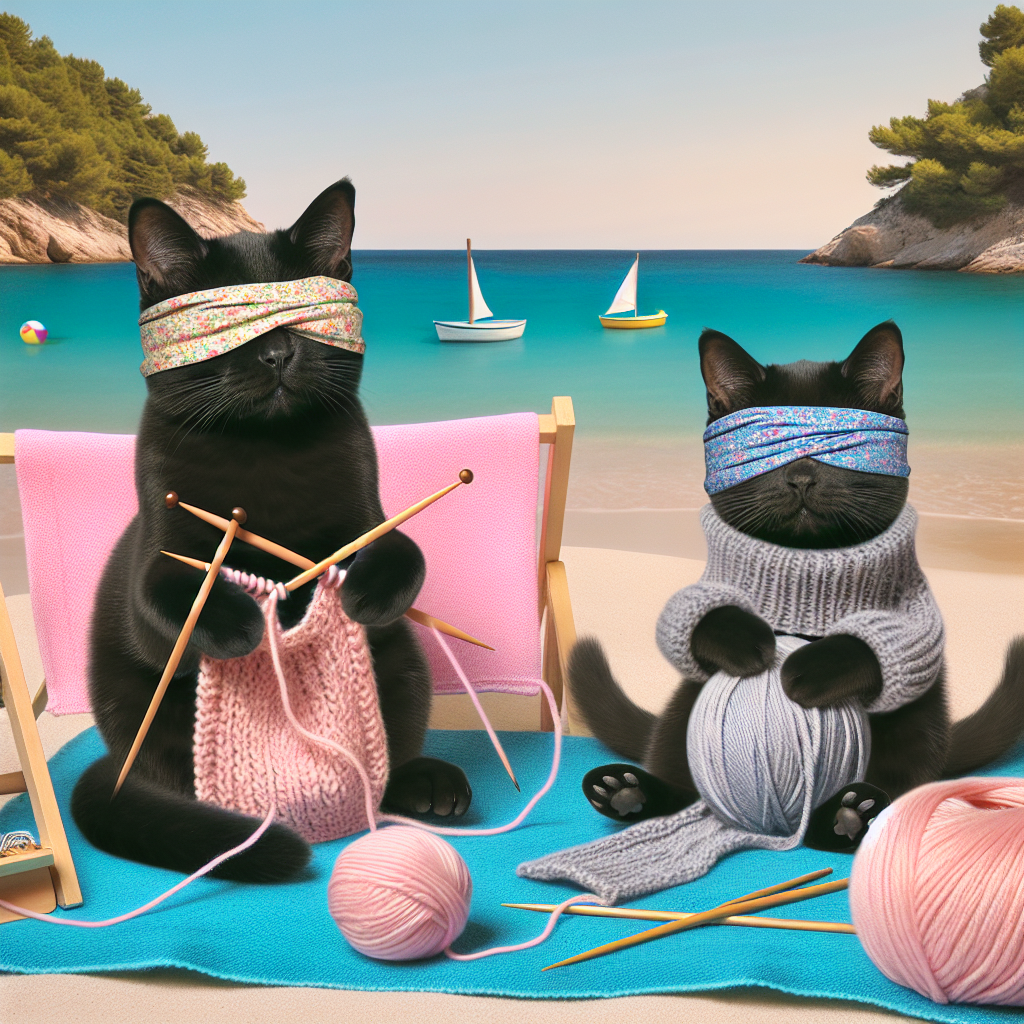 Imagine a tranquil beach setting where two adorable black cats with bandanas tied over their eyes, suggesting they are blind, are comfortably seated on a bright beach towel. One cat is attentively knits a comfortable sweater, while its partner is mischievously tangled in a ball of soft pink yarn. Knitting equipment is organized around them, adding a touch of hominess. In the nearby sea, small boats with their sails lightly puffing due to the wind are visible. This scene depicts an emotive and creative celebration of Mother's Day at the seaside without any human presence.
Generated with these themes: Two blind black cats, knitting, beach, boats.
Made with ❤️ by AI.