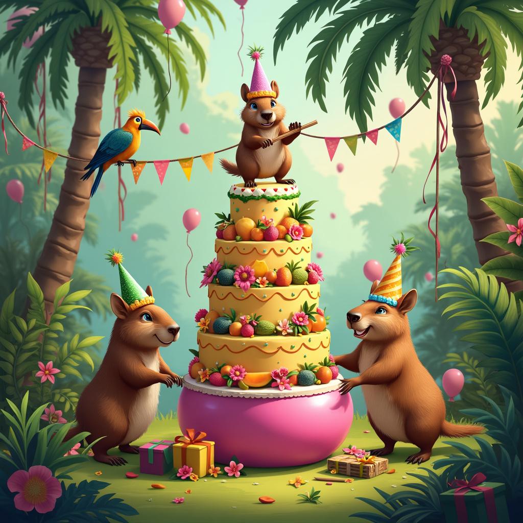 In a lush, tropical jungle clearing, a vibrant scene unfolds, alive with colorful flora and fauna. At the heart of the clearing, a large, intricately decorated birthday cake rises dramatically, boasting multiple layers adorned with bright icing and a variety of exotic fruits, including pineapples, mangoes, and passion fruits. Cheerful capybaras gather around the cake, each sporting tiny party hats crafted from jungle leaves and embellished with vivid feathers. One adventurous capybara is perched atop a large pink exercise ball, grinning widely as it reaches for the top tier of the cake. Meanwhile, another capybara stands on its hind legs, energetically playing a makeshift drum set made from hollowed-out gourds and bamboo sticks, enhancing the joyful ambiance. Towering palm trees sway gently in the background, while colorful birds like parrots and toucans curiously watch the festivities from their branches. Near the base of the cake, a smaller capybara struggles to attach a string of jungle vine bunting as it attempts to climb up. Nearby, a tree trunk is adorned with colorful streamers and balloons fashioned from oversized leaves and vibrant flowers. The ground is scattered with jungle-themed gifts wrapped in large leaves, tied with vines, and topped with tropical blossoms. This lively scene is bursting with color and whimsical details, bringing the delightful birthday celebration to life. 

Generated with these themes: Capybara.  
Made with ❤️ by AI.