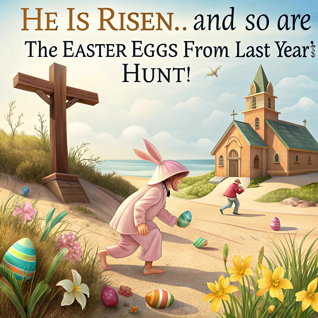 At the top of the image, "He is Risen... and so are the Easter Eggs from last year's hunt!"

- The image is a highly realistic, humorous Easter scene on a sunny beach: in the foreground, children dressed in pastel bunny costumes frantically hunting for colorful Easter eggs among the sand dunes.
- A polished wooden cross stands beside a rustic seaside church in the midground, decked with lilies and daffodils.
- In a funny twist, the church’s steeple hosts a confused seagull next to a butterfly wearing sunglasses.
- In the background, luxury yachts drift lazily offshore while a group of elderly ladies dance joyfully in front of a seaside graveyard, where headstones are humorously decorated with oversized eggs and tiny disco balls.
- A band of parrots in choir robes performs Easter hymns from the yacht, their beaks mid-note.
- Scattered throughout the scene: confused pelicans trying to join the egg hunt, and a crab wearing bunny ears attempting to drag away an egg twice its size.
Generated with these themes: Cross, Easter eggs, Church, Flowers, Butterflies, Birds, Beach, Yachts, Grave yard, Egg hunt, Music, and Dancing.
Made with ❤️ by AI.