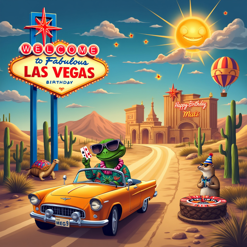 In the foreground of this bustling Las Vegas-themed birthday scene, imagine a whimsical desert landscape under the scorching sun. A gleaming vintage convertible, driven by a quirky cactus in oversized sunglasses and a Hawaiian shirt, speeds along a dusty road. The road signs, in classic Vegas neon style, read "Welcome to Fabulous Las Birthday!" 

To the left, a flamboyant, Elvis-impersonating lizard, clad in a sequined jumpsuit, serenades a group of partying desert animals - think armadillos with party hats and a tortoise holding a tiny flag. Above them, a banner attached to two saguaro cacti reads "Happy Birthday, Meg!" in dazzling lights.

In the middle ground, towering casinos made of sand shimmer in the heat waves, their facades adorned with neon signs shaped like flamingos and slot machines. A camel with a colorful saddle stands at the entrance of one, chewing on a birthday card.

Further back, the iconic "Welcome to Fabulous Las Vegas" sign is cleverly transformed to read "Welcome to Fabulous Birthday, Meg!" with hot air balloons in the sky, spelling out "Happy Birthday, Meg" with colorful, trailing banners. The balloons are piloted by gophers in aviator goggles.

The sky is an explosion of colors, reminiscent of a sunset, with wispy clouds shaped like party streamers. The blazing sun, complete with a smiling face, wears a birthday hat. Meg’s name is etched into a fluffy cloud, surrounded by confetti-like stars, creating a festive and personalized touch.

In the bottom right corner, a birthday cake in the shape of a roulette wheel sits on a picnic table, with candles shaped like tiny dice, and a cheerful road-runner bird perched nearby, holding a birthday card in its beak. The entire scene is alive with vibrant colors and playful details, capturing the essence of Las Vegas, hot weather, and the excitement of travel, all wrapped up in a joyous birthday celebration for Meg.
Generated with these themes: Las Vegas, hot weather, traveling .
Made with ❤️ by AI.