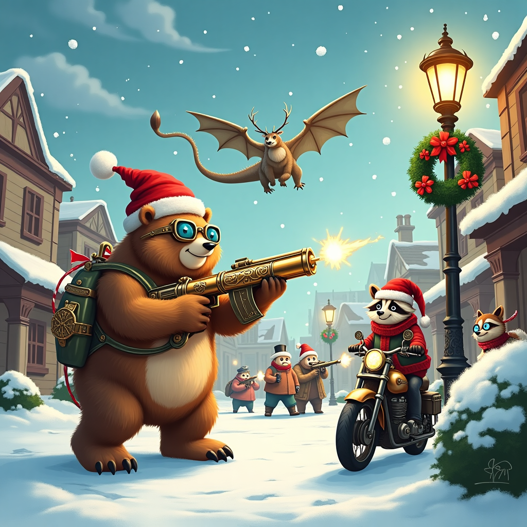 On the front cover of the Christmas greetings card, a whimsical, snow-covered steampunk town bursts to life with a fantastical, bustling scene. Dominating the foreground is a jovial Cannon Bear, standing proudly on two furry legs, its arms replaced with intricate, brass-plated cannons adorned with swirling arcane runes that shimmer softly in the winter light. Its round, friendly face is topped with a Santa hat, a nod to the season, and its eyes twinkle with a mischievous glint. Around its neck hangs a small, anime-styled charm of a chibi reindeer, adding a touch of kawaii to the character.

In the background, a group of merry townsfolk, each with Victorian steampunk goggles, is engaged in a playful airsoft battle, using brightly colored, puff-ball blasters. The air is filled with tiny, cotton-like snowballs that, upon close inspection, are the airsoft pellets gliding harmlessly through the air, adding a dynamic sense of movement to the scene. Above, a majestic, anime-inspired dragon with gears and steam jets from its metallic wings soars across a sky painted in Maxfield Parrish’s signature blues and pinks. It leaves behind a trail of clouds subtly spelling out "Merry Christmas Sam" in elegant, wispy script.

On the right side of the scene, a sleek, chrome-and-brass motorbike stands parked against a vintage street lamp adorned with Christmas wreaths. Its design is a fusion of Arthur Rackham’s detailed lines and Beardsley’s bold contrasts. The bike is not alone; a small, steampunk-style raccoon with a monocle and a top hat sits atop, munching on a tiny candy cane, while its tail curls in delight. Meanwhile, whimsical, Sendak-esque creatures peek from the snow-laden bushes, watching the spectacle with wide, curious eyes.

Every corner of this festive illustration is packed with delightful details: snowflakes in intricate patterns drift lazily down, a Beatrix Potter-esque rabbit wearing goggles peers out from under the Cannon Bear's paw, and distant, ornate airships hover gently in the background, adding to the rich tapestry of this enchanting holiday tableau.
Generated with these themes: A Cannon Bear (a bear with cannons for arms), Airsoft, Arcane, Anime, Motorbikes, Steampunk, and .
Made with ❤️ by AI.