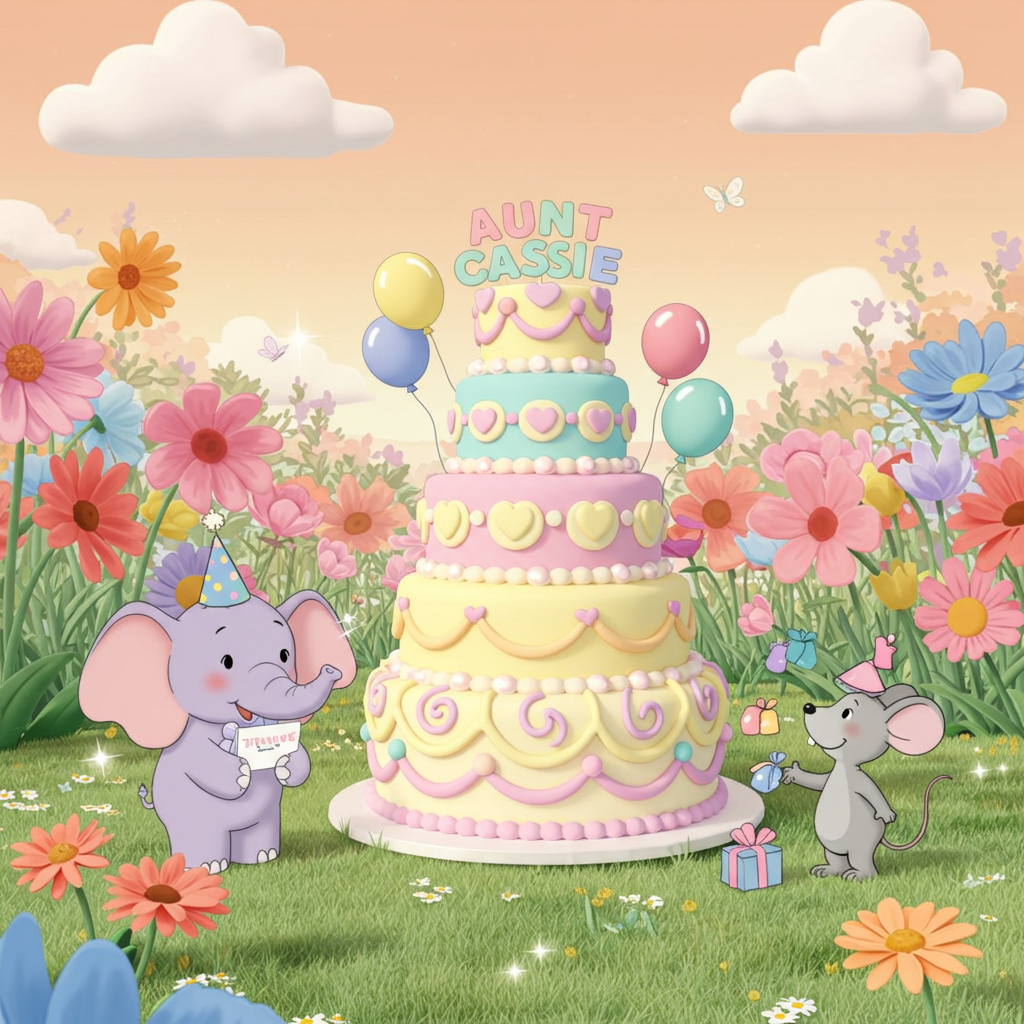 Visualize a lively, cartoon-style scene set in a whimsical, enchanted garden filled with playful, anthropomorphic characters. The colors are bright and inviting, reminiscent of a classic Disney animated scene, with a sprinkle of Peanuts' simple charm.

**Foreground:**  
In the center, a large, whimsical cake towers with three tiers. Each layer is adorned with colorful icing patterns that spiral around, and there are oversized, playful daisies and bouncing balloons sticking out at jaunty angles. The cake’s colors include pastel pink, sunny yellow, sky blue, and mint green. On the top tier, "Aunt Cassie" is spelled out with sugar letters that look like they’re dancing around.

**Characters:**  
To the left of the cake, a chipper, cartoon-style elephant with exaggeratedly large ears, inspired by the friendly contours of Tezuka's characters, is holding a sparkling thank-you card in its trunk. The elephant is a soft lilac color with a polka-dotted blue bowtie.

To the right, a small, mischievous mouse, styled with the simplicity of Calvin and Hobbes, is playfully juggling three tiny, multicolored parcels. The mouse is a soft gray, with large, expressive eyes and an oversized, rounded nose.

**Background:**  
In the background, an array of colorful, oversized flowers inspired by Winsor McCay’s lush landscapes fill the scene, towering above the characters with their exaggeratedly large petals. A soft gradient sky transitions from a warm peach near the horizon to a soft lavender at the top. In the sky, fluffy, cartoon-style clouds float by, one of which has a hint of a smiling face peeking through, reminiscent of the whimsical style of Gary Larson.

**Additional Details:**  
Scattered across the ground are delicate, sparkling stars and small, shimmering butterflies fluttering around, giving a touch of magic inspired by Walt Disney's classic films. The grass is vibrant and lush, with strokes resembling Eisner’s intricate lines. 

Incorporate these elements into the card cover for a playful, enchanting thank-you scene with a touch of nostalgic charm from iconic cartoon styles.
Generated with these themes: Disney.
Made with ❤️ by AI.