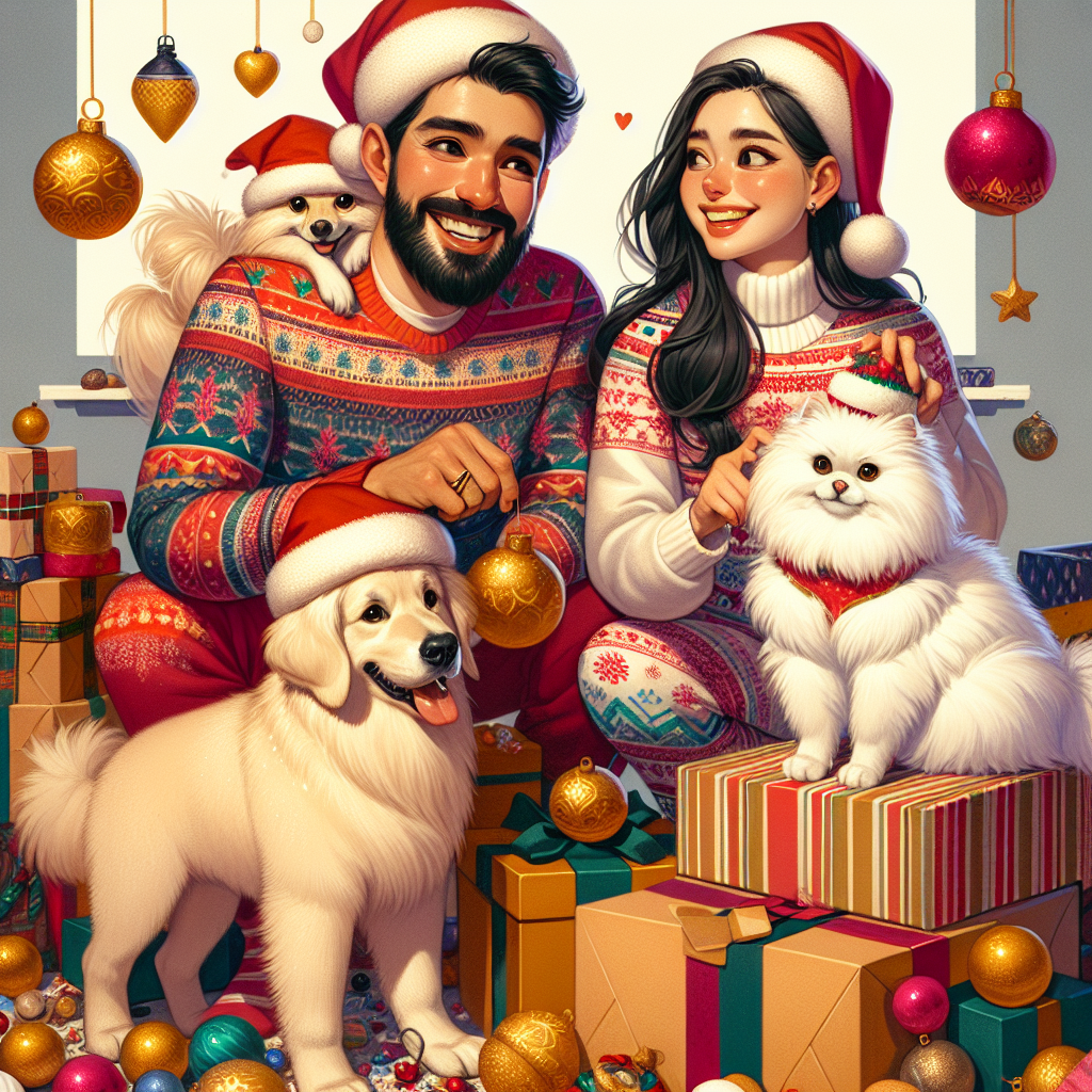 A whimsical Christmas-themed illustration depicts a charming male and female couple in cozy holiday attire, laughing as their golden retriever joyfully scatters decorations around the room. By their side, a fluffy white Pomeranian dons a tiny Santa hat, looking on with a tilted head, while a regal white Persian cat watches from atop a pile of festive wrapping paper, its eyes gleaming with mischief amidst the cheerful chaos.
Generated with these themes: male and female couple with a golden retriever making a mess, a white pomeranian dog and a white persian cat.
Made with ❤️ by AI.