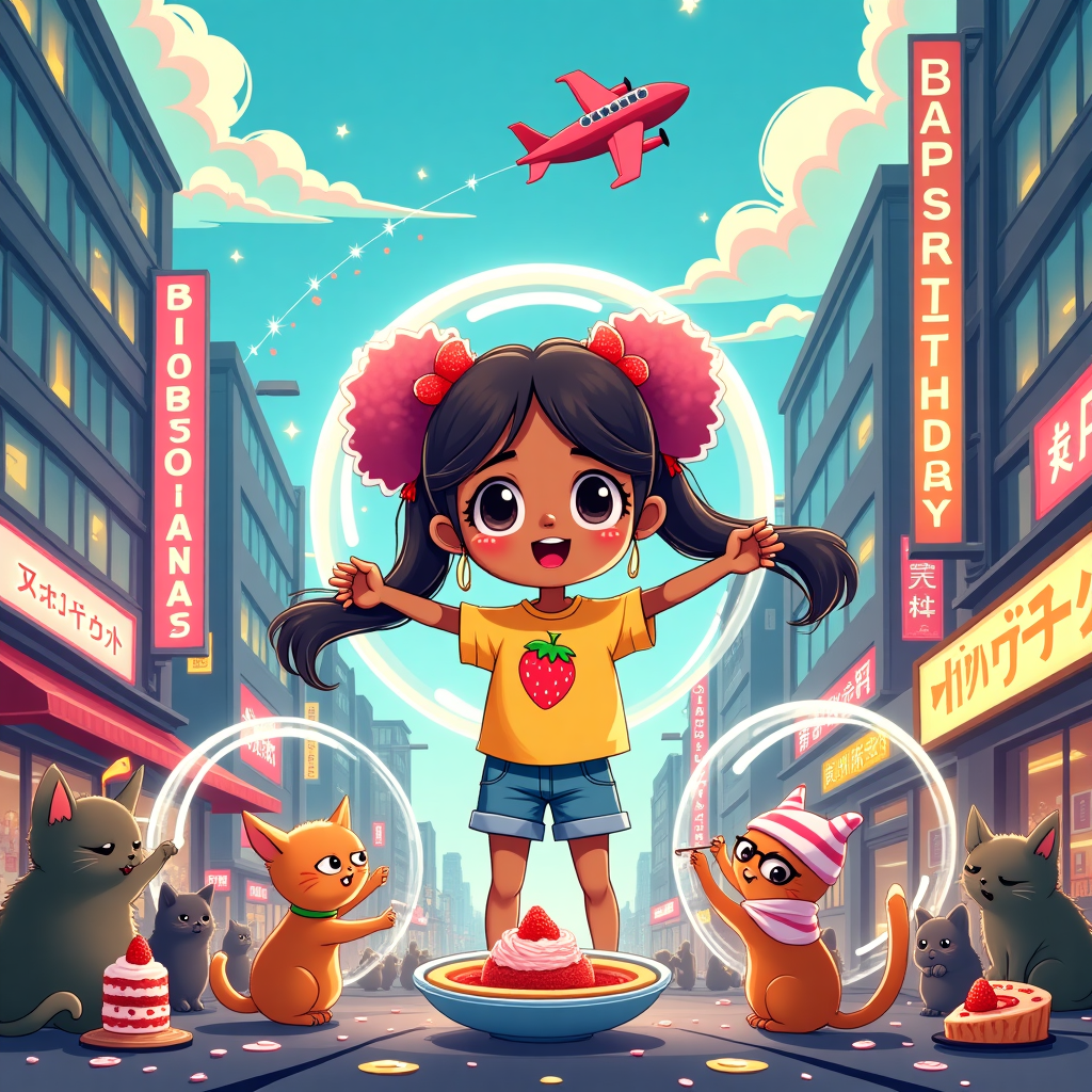 The front cover of this vibrant birthday greeting card bursts with an animated scene set against the bustling, neon-lit streets of Tokyo, Japan. The background features towering skyscrapers adorned with colorful billboards and flashing lights, capturing the essence of Tokyo’s lively urban landscape. Amidst this urban marvel, bubbles of various sizes and hues float across the scene, shimmering in pastel pinks, blues, and greens.

Inside the largest bubble, a young light-skinned 19-year-old girl with long, flowing hair, styled in playful pigtails, appears as if she's gently floating. Her oversized, wide eyes sparkle with curiosity and adventure, reminiscent of Osamu Tezuka's manga style. Her vibrant outfit features a bright yellow t-shirt with a whimsical, oversized strawberry print and denim shorts, giving her a quirky and fun look.

Surrounding her are her four 19-year-old black lady friends, each also encapsulated in their own bubbles. Their expressions are playful, and each has a distinctive cartoonish style. One sports a bold, bright pink afro, another wears a large red bow, the third dons star-shaped glasses, and the fourth rocks a multicolored patterned headscarf.

The foreground teems with animated cats and kittens of various breeds, their features exaggerated in a Gary Larson style. These felines are scattered playfully around the scene, some balancing on the edges of bubbles, others pawing at mochi ice cream that comes in cheerful pastel shades. They also delight in licking strawberry cheesecake slices that are drawn with vivid red swirls, and peek curiously into steaming bowls of real Japanese ramen, depicted with exaggeratedly long noodles.

Amidst the playful chaos, an animated K-Pop band, drawn in the stylized manner of Walt Disney characters, energetically performs on a small stage. Their exaggerated movements and brightly colored outfits capture the vibrancy of K-Pop culture.

Above the lively scene, a bright, cartoonish sky features a whimsical airplane, reminiscent of Winsor McCay’s dreamlike imagery, towing a banner that flutters in the breeze. The banner reads "Victoria Antoine" in bold, eye-catching letters, ensuring her name is a central feature in the playful, bustling scene.
Generated with these themes: Young light skin 19 year old girl floating in bubbles in tokyo japan with her four 19 year old black lady friends, Cats and kittens , Mochi Ice Cream , Strawberry Cheesecake , Real Japanese Ramen , K-Pop, and .
Made with ❤️ by AI.