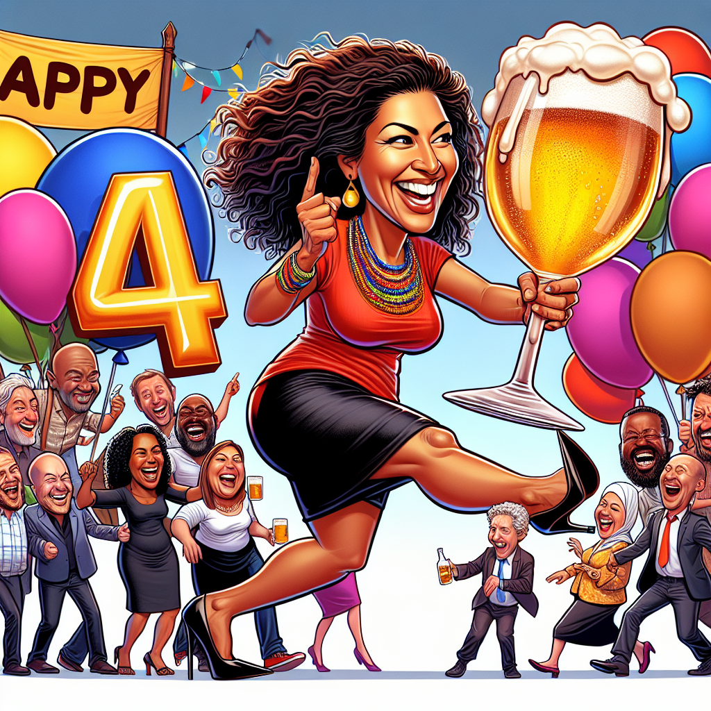 Create an image of a jubilant birthday scene where a mixed race woman turning 40 proudly walks, holding an oversized beer glass. Her cheerful gait leaves behind a mischievous trail of beer foam. The background displays multicolored balloons and a banner stating 'Happy 40th Birthday!'. She is surrounded by a joyously laughing crowd of friends belonging to various descents including Caucasian, Black, Hispanic, Middle-Eastern, and South Asian, all depicted in a caricatured style.
Generated with these themes: 40th, Beer, and Walking.
Made with ❤️ by AI.