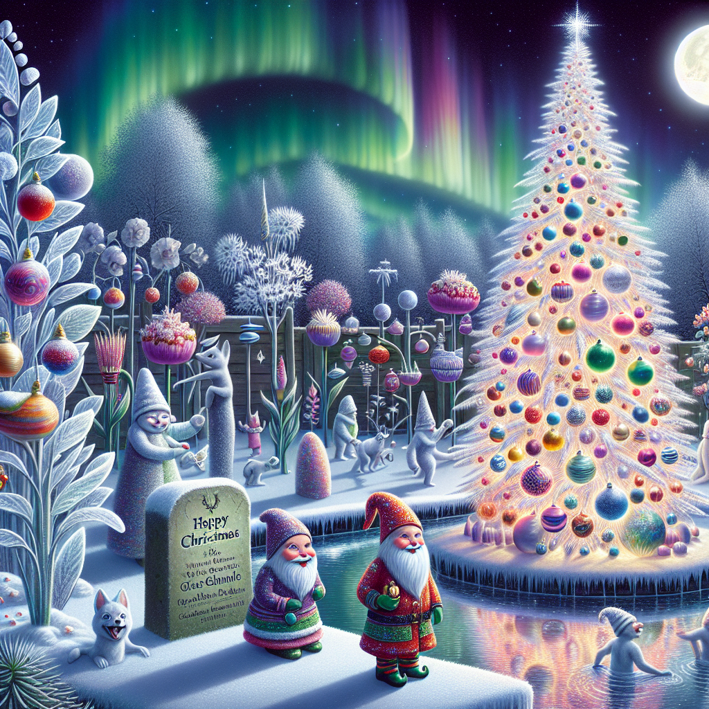 In a moonlit garden, peculiar snow-covered plants bloom with baubles instead of flowers, and the trees sparkle with tinsel leaves. Giant garden gnomes in elf attire decorate an oversized, patchwork Christmas tree. An icy pond reflects an aurora of pastel hues, while a family of snow-creatures hold hands and wear quirky grin. In the center, a frosty stone tablet is etched with the words 'Happy Christmas' in an elegant, flowing script.
Generated with these themes: Garden.
Made with ❤️ by AI.