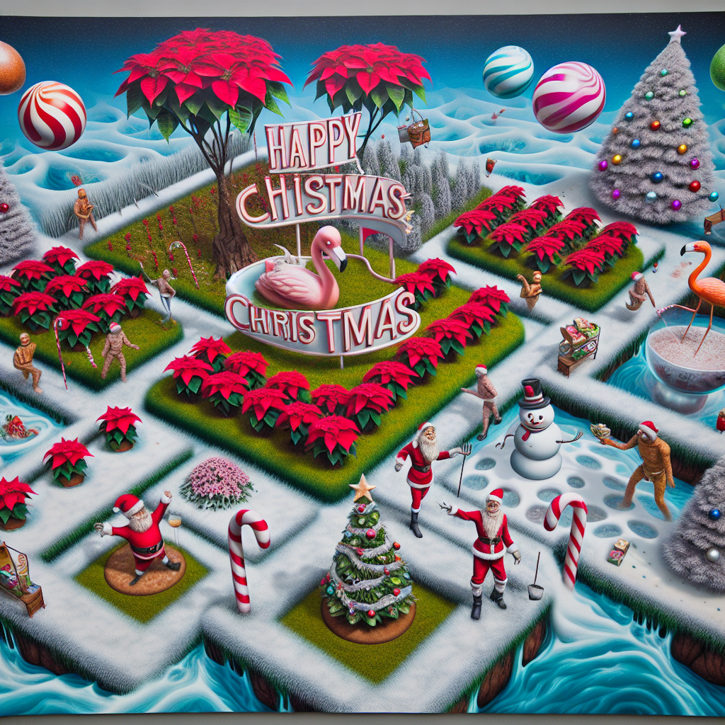 A topsy-turvy garden where the ground is a checkerboard of frosted grass and gingerbread soil. Walking candy canes tend to beds of sugar-dusted poinsettias, while chattering Christmas baubles float through the air. A Santa-hat-wearing flamingo stands whimsically on a floating snow globe, and in the heart of the garden, an animated, festive scroll unrolls from a tree, presenting the message 'Happy Christmas' in bold, mismatched letters.
Generated with these themes: Garden.
Made with ❤️ by AI.