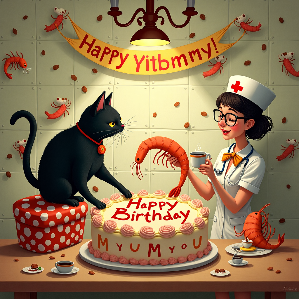Picture a whimsical, lively birthday gathering set in a cozy, warmly-lit kitchen. The central focus is a quirky, oversized birthday cake perched on the table, where the icing spells out "Happy Birthday Mummy" in swirling letters that mimic the frothy swirls of cappuccino foam. A chubby black cat, sitting atop a pair of large croc shoes—each dotted with colorful charms—paws playfully at a prawn dangling from the cake’s edge, as if it were a mischievous toy.

At the side, a jovial nurse in a cartoonish uniform, complete with a red-crossed cap and a stethoscope around her neck, offers a steaming cup of coffee to a nearby prawn, who is somehow sitting comfortably on a polka-dotted stool. The prawn, wearing tiny spectacles and an absurdly large bowtie, raises a toast with a miniature mug of espresso, as though they're engaging in polite tea-time banter. Above this zany tableau, a whimsical banner loops around the scene, covered in frothy coffee cups and prawn motifs, celebrating "Mummy" in large, festive letters.

In the background, the walls are lined with illustrated storybook-style tiles, each depicting a blend of these curious elements—cats leaping over shoes, nurses chatting with prawns, and crocs tiptoeing past coffee beans, all influenced by the likes of Quentin Blake and Maurice Sendak. Above, the ceiling sports a vintage-style chandelier that drips with sparkling coffee beans, casting a warm, welcoming glow over the entire scene, making this a birthday setting Mummy will never forget.
Generated with these themes: Coffee, Prawns, Croc shoes, Black cat, and Nurse.
Made with ❤️ by AI.
