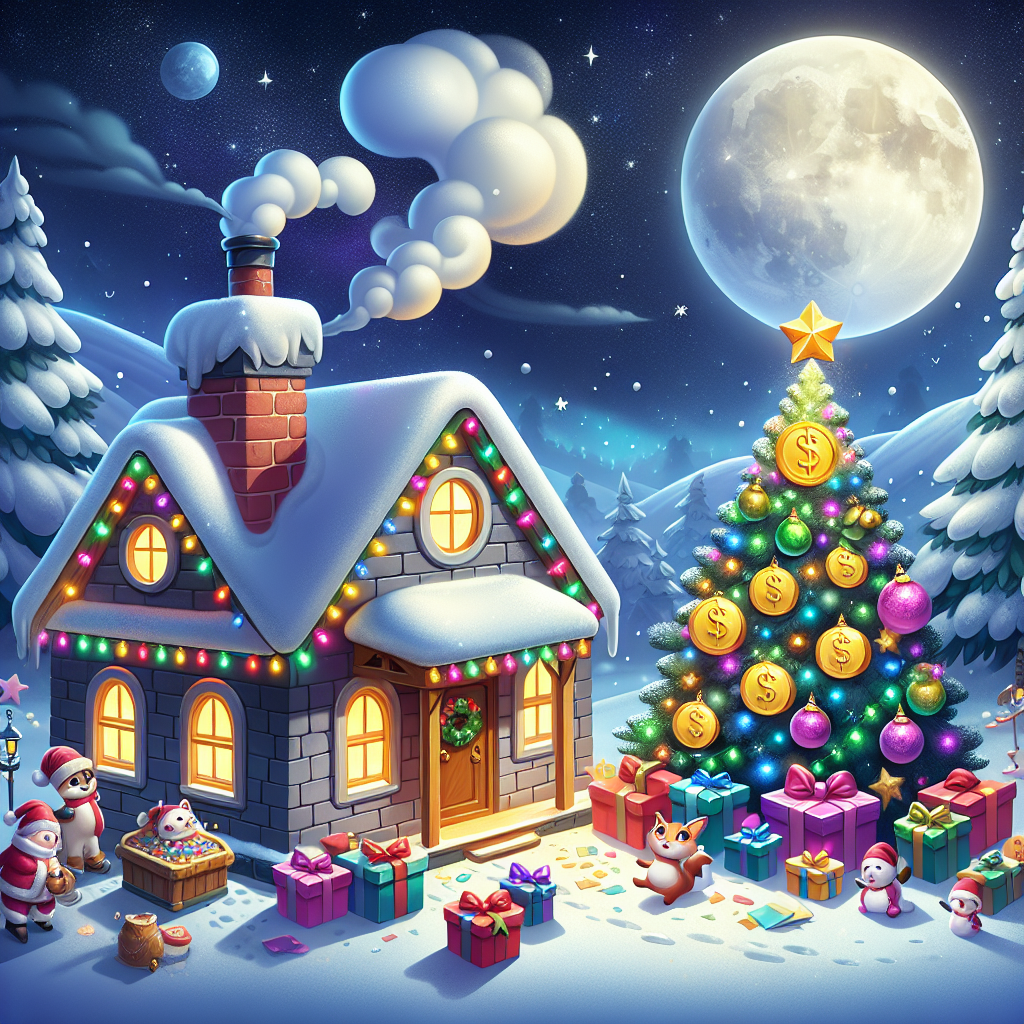 A whimsical Christmas illustration features a cozy snow-covered cottage with a chimney from which a plume of smoke gracefully ascends into the night sky. The scene is illuminated by a full moon and twinkling stars. A festive Christmas tree stands proudly outside, adorned with colorful lights and a variety of ornaments, one of which is a miniature golden coin subtly shaped like a currency symbol. A group of cartoon animals, each donning a Santa hat, gather around, holding tiny gift-wrapped boxes that are playfully decorated with dollar signs, suggesting that the gifts inside are monetary.
Generated with these themes: Money.
Made with ❤️ by AI.