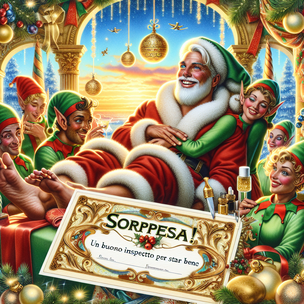 A whimsical Christmas illustration features Santa Claus lounging in a luxurious spa setting, getting a massage and manicure from cheerful elves. Brightly colored holiday decorations and twinkling lights set the festive mood. In the foreground, an ornate gift certificate bears the text 'Sorpresa! Un buono inaspettato per star bene', adding an unexpected touch of elegance.
Generated with these themes: Luxury massage, manicure, nails and spa salon.
Made with ❤️ by AI.