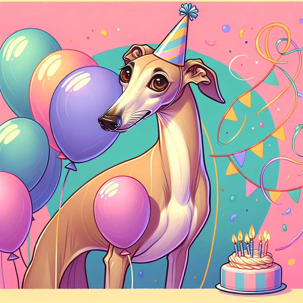 Illustrate a whimsical birthday celebration scene with a slender adult Greyhound dog as the main subject. The dog's sleek fawn coat shines brightly against the vibrant background filled with balloons and streamers. Give it soulful brown eyes and place a miniature party hat humorously on top of its head. The celebratory setting is soothing with pastel colors and the smooth lines of the cartoon-style decoration.
.
Made with ❤️ by AI.