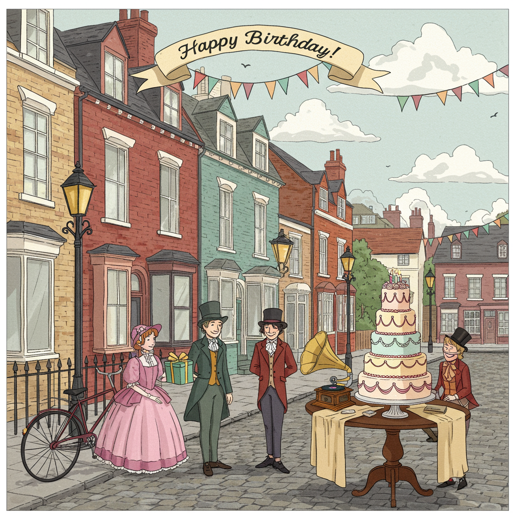 **Card Design Description:**

Front Cover Illustration:

1. **Main Scene:**  
   - Create a lively Victorian-inspired street scene reminiscent of 19th-century British architecture. Buildings should feature ornate facades with decorative moldings and sash windows.
   - Incorporate two-story townhouses with colorful brickwork—deep red, muted teal, and warm beige—lined along a cobblestone street.

2. **Characters:**  
   - Include a group of three friends dressed in stylized Victorian clothing, but with a playful twist, like top hats and cravats in bright pastel colors such as lavender, mint green, and soft pink.
   - One friend holds a large, fancifully wrapped gift with a big golden ribbon.

3. **Central Element:**  
   - Position a grand Victorian-style birthday cake on a table set in front of the buildings. The cake should have three tiers with intricate icing patterns in soft pastel hues—cream, baby blue, and blush pink. Decorate with edible pearls and small sugar roses.

4. **Textual Element:**  
   - Integrate a banner that arches above the scene with the text "Happy Birthday" in elegant, serif typography. Place the name "Shania" in a decorative ribbon tied to the top tier of the cake in an elegant cursive font, golden color for added flair.

5. **Background Elements:**  
   - Fill the sky with light gray clouds in a flat vector style, giving the look of a typical overcast British day. Add hints of soft sunlight peeking through.
   - Scatter a few vintage streetlamps along the sidewalk, their tops embellished with ornate details and colors matching the building facades.

6. **Additional Details:**  
   - Place a small brass gramophone on the cake table, angled as if it’s playing a lively tune. Use shades of brass and copper to give it a classic look.
   - Include a Victorian bicycle leaning against one of the houses, with exaggeratedly large front wheels in matte black and a small picnic basket attached.

This scene should harmonize crisp lines and flat shapes typical of vector style with intricate Victorian details, balancing whimsy with historical charm.
Generated with these themes: British victorian style, Birthday wishes for a friend, , and .
Made with ❤️ by AI.