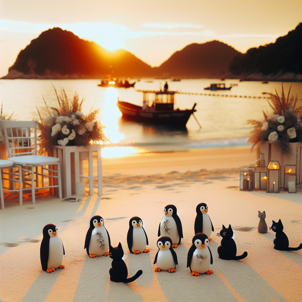 A seaside anniversary celebration with an unusual but adorable detail. The beach is decorated with handmade penguins, which have an elegant aesthetic, and playful black cat figures scattered across the sandy landscape. As the sun sets, its warm light showers the scenery, creating an orangish glow that reflects off the sea, providing a serene backdrop to this charming setup.
Generated with these themes: Penguins, Black cats, and The beach.
Made with ❤️ by AI.