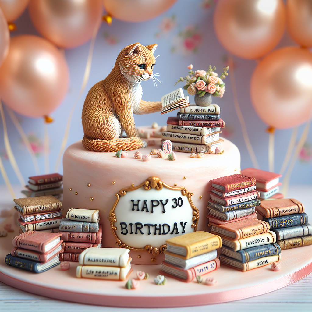 Create an image of a 30th birthday cake that is decorated with a meticulously detailed figurine of a ginger cat. The cat is seen engrossed in reading a stack of miniature books, all of which carry legible titles that subtly reflect a young woman's life journey. The scene is set against a backdrop of delicately textured balloons in soft pastel colors. It's a touching celebration scene that masterfully blends elements of realism with hints of imagination and whimsy.
Generated with these themes: Ginger cat reading lots of books daughter 30th birthday cake balloons.
Made with ❤️ by AI.