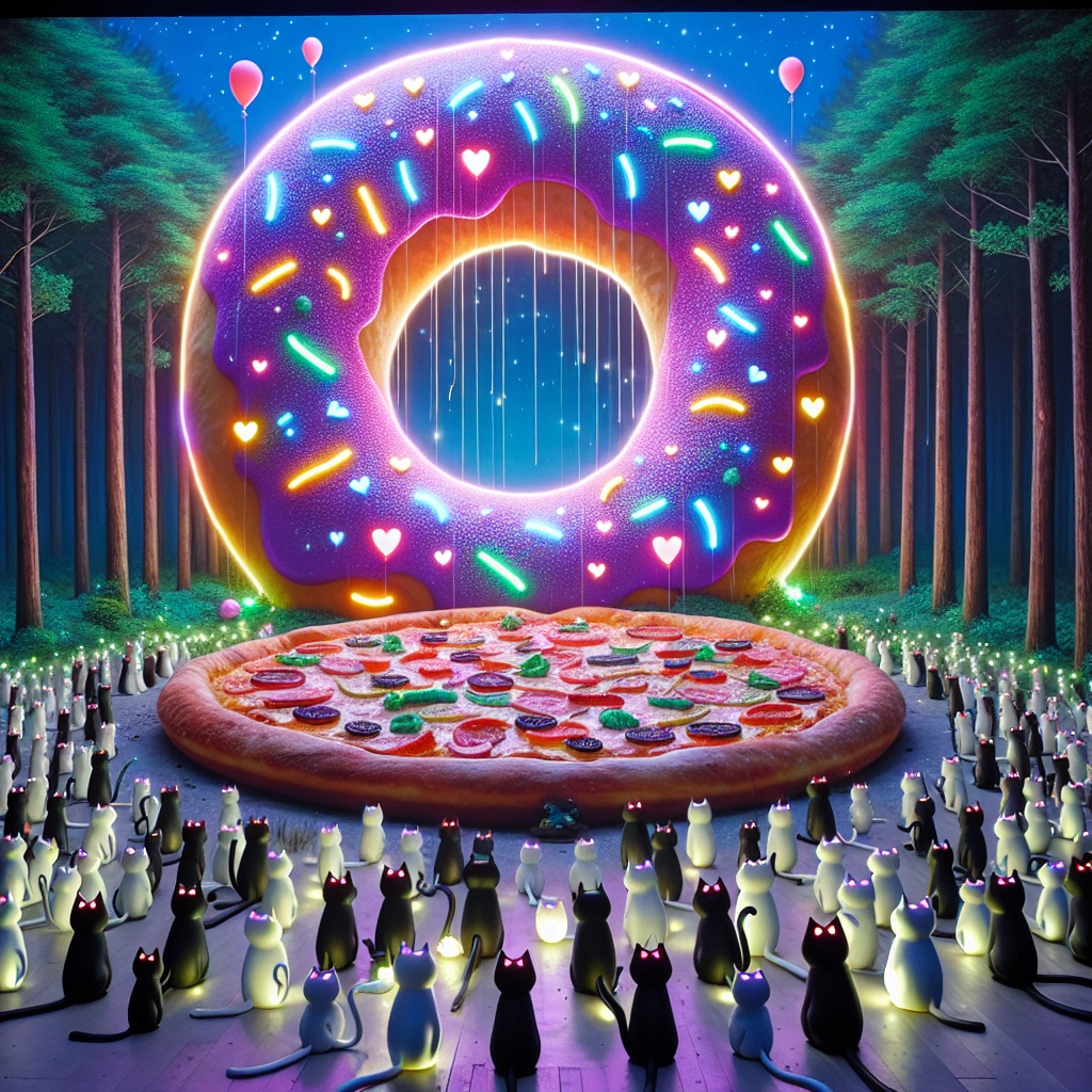 Visualize an enchanted forest clearing during twilight, illuminated by the soft light of fireflies. At the center of the forest, there is a gigantic neon-lit doughnut decorated with streamers and balloons. A congregation of stylishly attired tuxedo cats, with eyes reflecting the light, are gathered around, interacting with the heart-shaped confetti. Meanwhile, in the background, there lies an expansive pizza, complete with limitless types of toppings, forming a gastronomic canvas inviting everyone to partake in the birthday banquet.
Generated with these themes: Doughnuts  tuxedo cats hearts pizza.
Made with ❤️ by AI.
