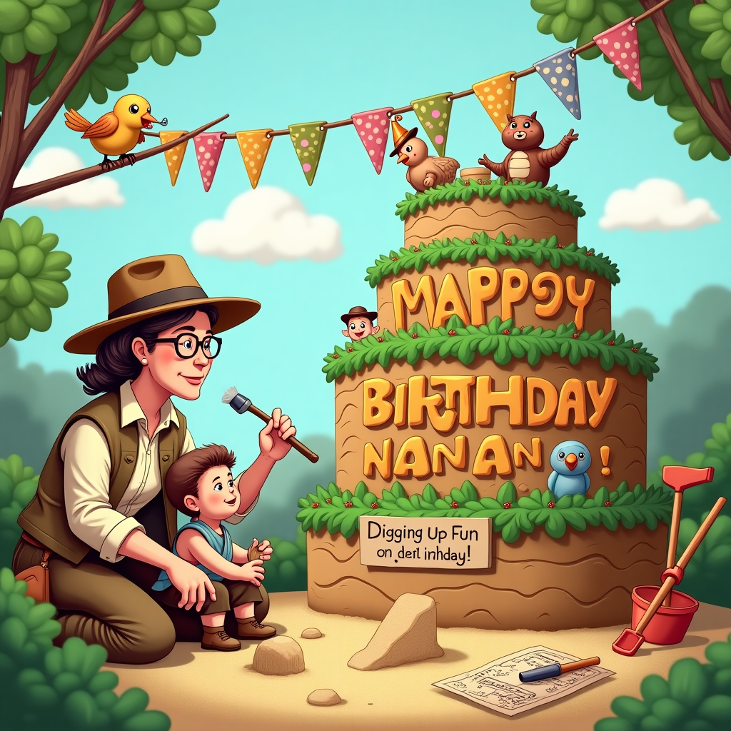 In the foreground of this humorous and lively birthday scene, Grandma, wearing an Indiana Jones-style fedora and khaki vest, is kneeling next to a sandbox that has been humorously transformed into an archaeological dig site. Her spectacles rest at the tip of her nose as she carefully dusts off what appears to be a "prehistoric" baby pacifier with a tiny brush. Next to her, a curious baby, also dressed in a miniature archaeology outfit complete with a little magnifying glass, is eagerly holding up a "discovered" toy dinosaur bone.

In the background, an enormous birthday cake towers like an ancient ziggurat, with vibrant frosting that forms a jungle landscape. Atop the cake, colorful icing balloons spell out "Happy Birthday, Nanan!" in bold, playful letters that rise like clouds in the sky. 

Adding to the whimsy, a small group of toy figures resembling famous "traitors" from history are peeking out from behind the cake, depicted as having a meeting. These figures, such as Brutus, Benedict Arnold, and others, are comically engaged in an exaggeratedly sneaky conversation, with one of them pointing at a map labeled "Plan B - Grandma's Secret Recipe." Nearby, a toy shovel and bucket are half-buried in the sandbox, as if the toys have been up to their own secret digging mission.

A pair of cartoon birds, reminiscent of Hergé’s style, perch on a branch above, holding a string of bunting that reads "Digging Up Fun on Your Birthday!" The scene is bursting with vibrant colors, playful elements, and comical details that ensure Nanan’s special day is celebrated with a dig of adventure and laughter.
Generated with these themes: Grandma, Baby, Archaeology , and The traitors.
Made with ❤️ by AI.