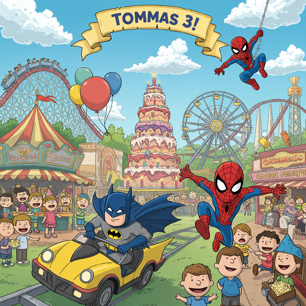 **Front Cover Design for Tommaso's 3rd Birthday Card**

**Scene Description:**

The cover bursts with a lively and vivid cartoon-style illustration, reminiscent of a whimsical comic strip. The setting is a fantastical fusion of a theme park, styled like "Ohana Family Park," bustling with playful energy.

**Foreground Elements:**
- **Batman and Spiderman in Action:** Positioned centrally, Batman and Spiderman are engaging in a friendly race towards a towering, multi-layered birthday cake. Batman, wearing his classic grey and black suit with a dramatically oversized cape, rides a bright yellow roller coaster cart that looks like the Batmobile. Spiderman, in his iconic red and blue suit, is mid-swing from a web line that stretches across the scene. Both characters have exaggerated, oversized heads and wide, joyful eyes, similar to Charles Schulz's Peanuts style.

**Background Elements:**
- **Ohana Family Park:** Behind the dynamic duo, a vivid array of amusement rides and attractions fills the scene. The park features colorful rides inspired by Disney’s magic, like a swirling teacup ride, a towering Ferris wheel with star-shaped gondolas, and a playful carousel with vibrant animal figures. Oversized balloons, shaped like Mickey Mouse ears, float in the sky.

- **Cartoonish Crowd:** A diverse crowd of cartoonish, Schulz-like families, each with unique exaggerated features, are scattered around the park, enjoying popcorn and candy floss. Kids wear oversized hats, some styled as Batman or Spiderman masks.

**Sky and Banner:**
- **Bright, Cartoonish Sky:** The sky is a bright, cartoon-style blue, reminiscent of Bill Watterson’s simple, clean backgrounds in Calvin and Hobbes, with fluffy, oversized clouds.

- **"Tommaso 3!" Banner:** Suspended between two roller coaster peaks is a vibrant, colorful banner that reads "Tommaso 3!" in big, bold, playful letters. The text is outlined in black for a comic book effect, with each letter in alternating bright colors: red, yellow, green, and blue. The style echoes Hergé’s clear line technique from Tintin.

**Additional Details:**
- **Birthday Cake:** At the finish line of Batman and Spiderman's friendly race is a giant birthday cake, layered with bright, whimsical colors: a purple base layer, green middle, and a top tier of candy-red. On top sits a cartoon-style, oversized numeral "3," with small stars and confetti popping out, reminiscent of Winsor McCay’s Little Nemo surreal elements.

- **Background Trees and Benches:** Trees with circular, fluffy tops in shades of green frame the park, echoing Gary Larson’s simple, whimsical landscapes in The Far Side. Cartoonish wooden benches, exaggerated in size, are placed sporadically.

This vibrant, comic-inspired birthday card front is a playful nod to a world of superhero adventures and family fun, perfectly capturing a young fan's dream celebration.
Generated with these themes: Batman, Spiderman, and Ohana Family Park.
Made with ❤️ by AI.