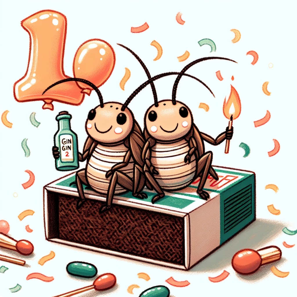 Create an image of a cute pair of crickets nestled comfortably atop a matchbox, each holding tiny gin bottles as if offering cheers. Behind them, there's a balloon shaped like an anniversary number, floating among a shower of confetti. Their antennae are intertwined affectionately, suggesting the wonderful celebration of a bond they share.
Generated with these themes: Cricket, and Gin.
Made with ❤️ by AI.