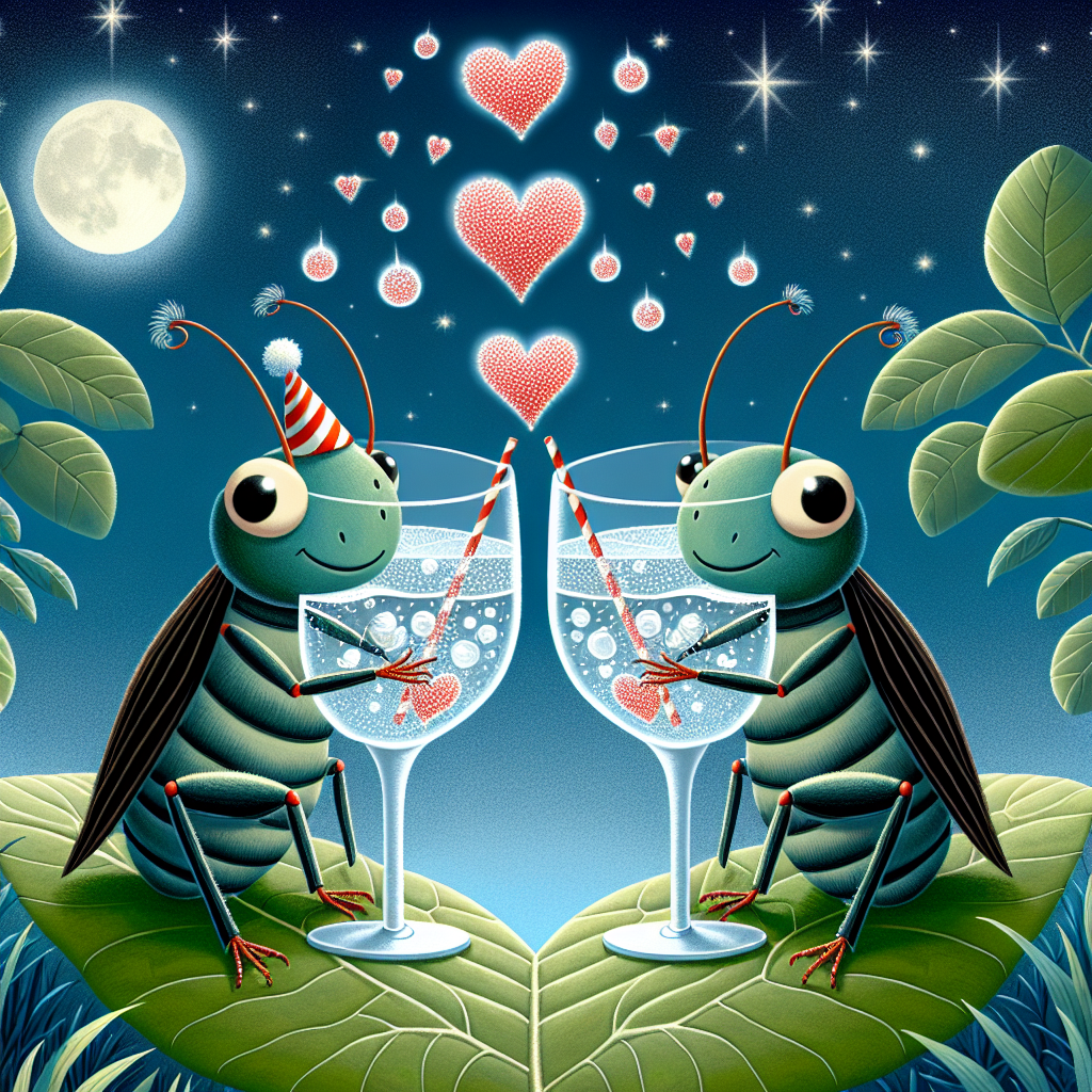 Generate a whimsical anniversary illustration that depicts two cheerful crickets clinking gin glasses. These crickets are adorned in festive hats and are situated on a leaf with a view of a serene, moonlit pond. From their glasses rise heart-shaped bubbles that ascend towards the dark starry night sky above, encapsulating the essence of a joyous, romantic milestone celebration.
Generated with these themes: Cricket, and Gin.
Made with ❤️ by AI.
