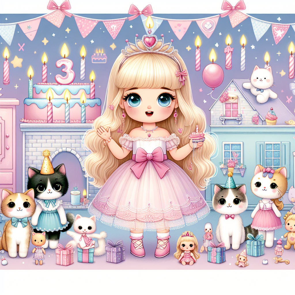 Design an illustrative representation of a child's third birthday celebration inspired by a child's dollhouse. Feature a blonde, three-year-old Caucasian girl dressed in a princess outfit complete with a tiara. She's lovingly encircled by a variety of charming cats and several dolls that tie into the theme. Set all this against a backdrop bathed in soft pastels and decorated with birthday symbols such as cupcakes, each adorned with three candles. Finish the scene with sweet, playful graphics that bring out the feeling of childhood joy and imaginative play, making the image appropriate for a birthday banner or party decorations.
Generated with these themes: Gabby's dollhouse , Princess dresses, Age 3 blonde girl, Cats, and Dolls.
Made with ❤️ by AI.