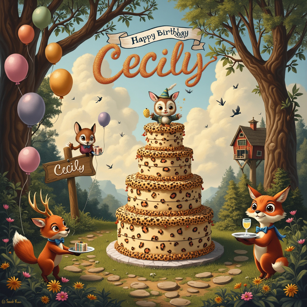 Picture a whimsical birthday party set in an enchanting woodland clearing, bathed in the soft, golden light of late afternoon. In the foreground, a large, tiered birthday cake adorned with leopard print icing takes center stage. Each layer of the cake boasts intricate leopard spots that glisten with a hint of edible glitter, adding a touch of magic. 

Around the cake, an array of colorful balloons float gracefully in the air, their strings tethered to various elements in the scene. Some balloons are tied to low-hanging tree branches, others to a whimsical signpost, and a few even dangle from the antlers of a curious deer peeking through the foliage.

To the left of the cake, a group of anthropomorphic woodland creatures are gathered. A dapperly dressed fox in a waistcoat and monocle holds a silver tray with a glass of lemonade, while a rabbit wearing a tiny bow tie and vest is in mid-hop, carrying a wrapped gift with a leopard print bow. A wise old owl perched on a tree stump wears a party hat and holds a scroll that reads, “Happy Birthday, Cecily!” in elegant, swirling script, reminiscent of Beardsley's intricate designs.

In the background, towering trees with gnarled branches form a natural archway, and a banner strung between two trees reads "Happy Birthday Cecily!" The banner is made of colorful fabric with a leopard print trim. Farther in the distance, a quaint treehouse is visible, its windows adorned with flowing, leopard print curtains fluttering in the gentle breeze.

Above, the sky is a canvas of pastel hues, where clouds have been whimsically shaped to spell out "Cecily" in an elegant, flowing script, reminiscent of Parrish’s dreamlike skies. A few birds fly around the clouds, seemingly carrying pieces of the letters in their beaks.

Finally, a pathway of stepping stones, each with a different, vibrant pattern, leads up to the cake. The scene is rich with detail, each element meticulously crafted to create a storybook-like atmosphere, blending the charm of Rockwell’s storytelling with the intricate whimsy of Sendak and Rackham, making it a truly unique birthday card for Cecily.
Generated with these themes: 1, Leopard print, and Balloons.
Made with ❤️ by AI.
