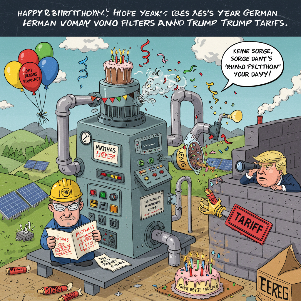 At the top of the illustration image: Happy Birthday Matthias — Hope Your Year’s Less Complicated Than German Vomat Filters and Trump Tariffs!

Image Prompt:

A whimsically chaotic cartoon-style birthday factory scene, set somewhere in industrial Germany. Center stage: a towering, hilariously over-engineered Vomat filter machine with pipes, buttons, and gauges going bonkers — it’s decorated with streamers and birthday balloons but still shooting out birthday cake frosting instead of coolant fluid. A grumpy-looking factory worker with “Matthias” on his hard hat is trying to read an overly complicated manual written in 7 languages — including English with tariffs.

Off to the side, a tiny cartoon Donald Trump peeks over a wall with binoculars and a big red “Tariff Approved” rubber stamp, confusedly trying to tariff the birthday candles, only to be pelted by confetti from a malfunctioning birthday confetti cannon.

The background is dotted with German hills and solar panels, while bratwurst-shaped balloons float through the sky with “Keine Sorge, it's your day!” written on them. The whole thing has a hand-drawn, brightly colored illustration style, evoking both joy and delightful nonsense.
Generated with these themes: Vomat Filteranlagen, Germany, Trump Tariffs.
Made with ❤️ by AI.