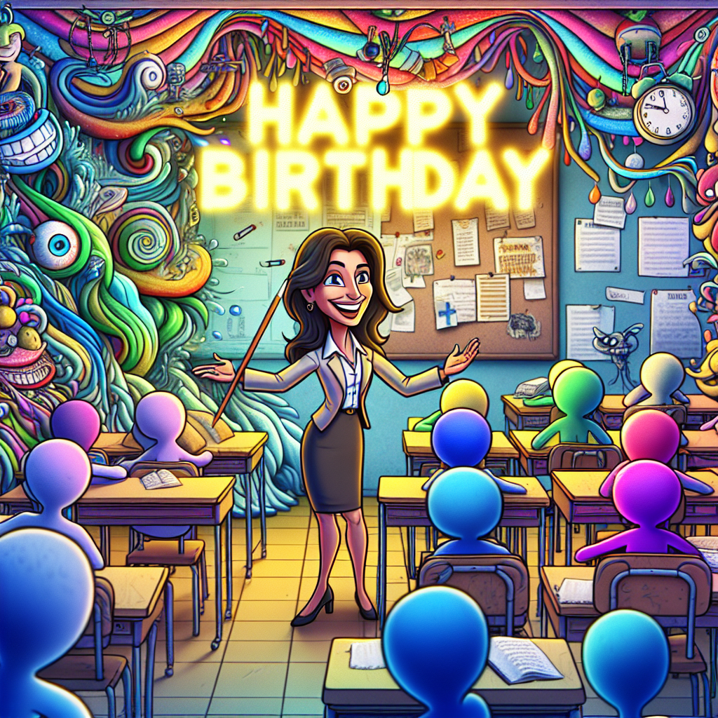 Envision a surreal cartoon setting where a joyful brunette teacher of Hispanic descent stands at the front of her uniquely illogical classroom. The walls pulsate curiously with vibrant colors that constantly transform. The desks in the room are engaged by amorphous beings, brimming with an enthusiastic vibe of a celebration. Suspended above her head, the words 'Happy Birthday' radiate a neon-like shimmer, casting a warm, comforting glow upon her countenance. A collection of mismatched clocks tacked on the wall inexplicably spin in reverse. An unusual, festive birthday garland made up of abstract shapes with a kaleidoscope effect decorates the room, which positively bristles with the raw anticipation of an upcoming celebration as extraordinary as the unconventional scenery.
Generated with these themes: Brunette, Teacher, Happy Birthday.
Made with ❤️ by AI.