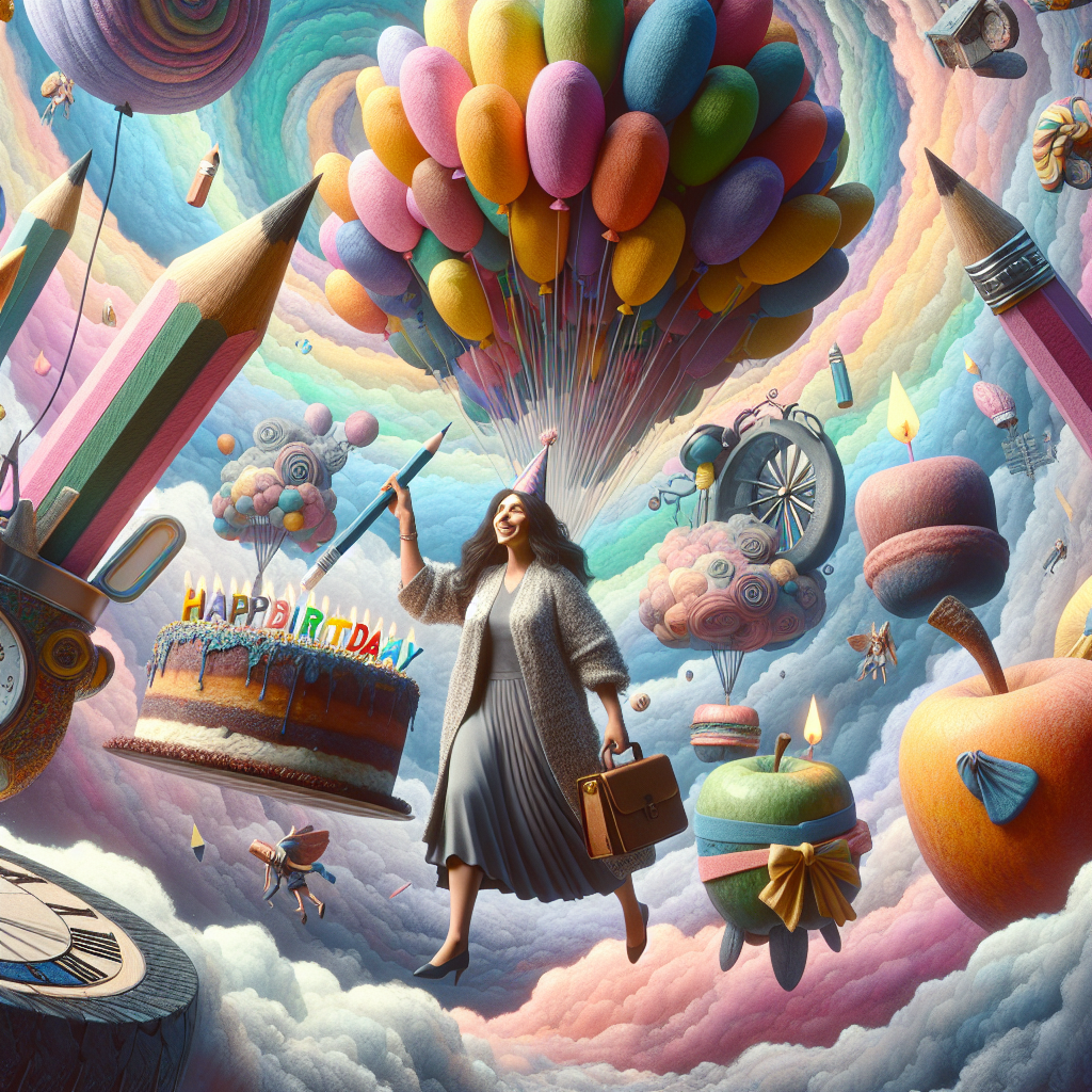 Imagine a dreamlike vista where a jovial brunette teacher of Middle-Eastern descent is suspended in a pastel-coloured sky filled with swirling hues. Oversized, imaginative school supplies float with her, including pencils capped with propeller erasers, balloons shaped like apples, and a large chalkboard that reads 'Happy Birthday' in a rainbow of chalky letters. The edges of reality are blurred as a procession of mythical creatures, donned in party hats, manage a large cake embellished with radiant candles towards her. Their movement perfectly aligned to the fanciful tunes played by an animated symphony.
Generated with these themes: Brunette, Teacher, Happy Birthday.
Made with ❤️ by AI.